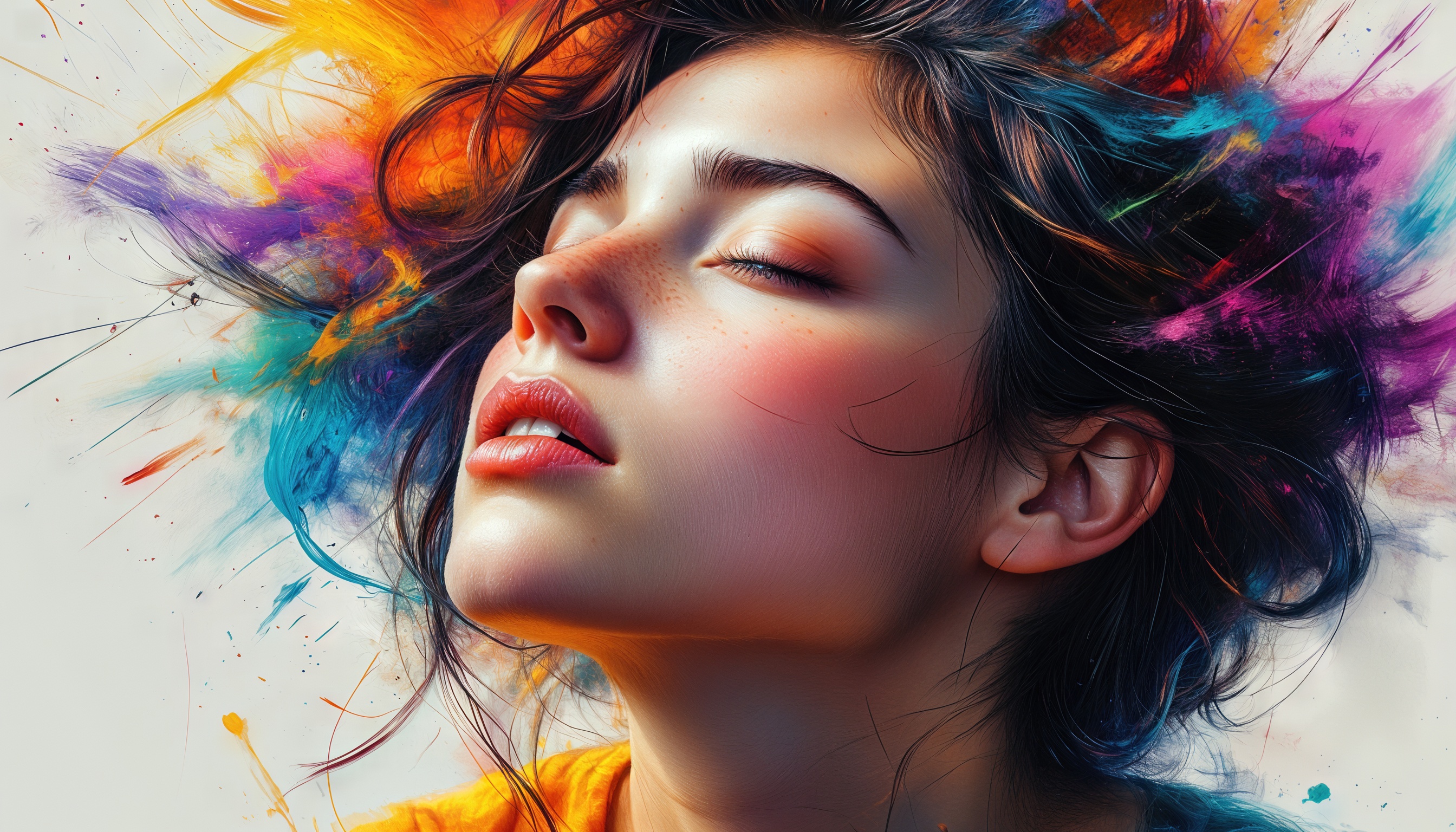 A girl with her eyes closed, surrounded by brightly colored splashes of paint.