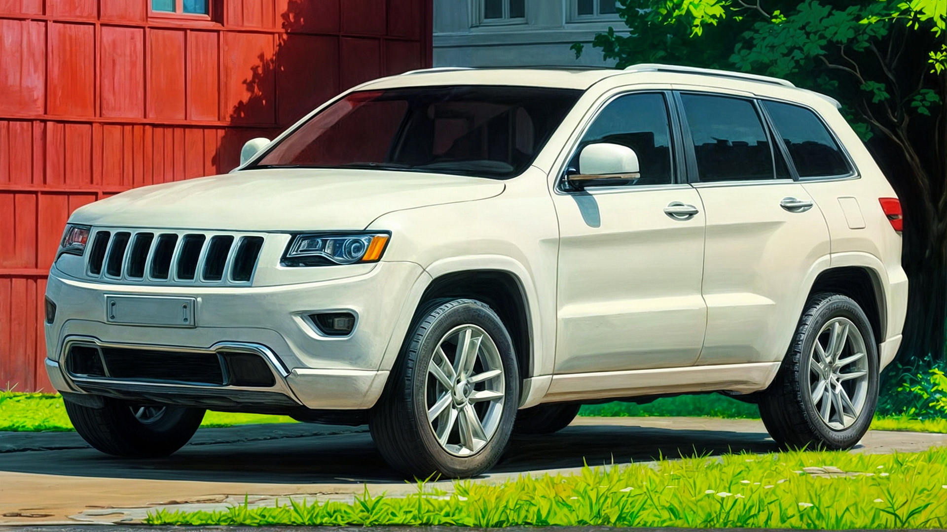 Белый автомобиль стоит во дворе