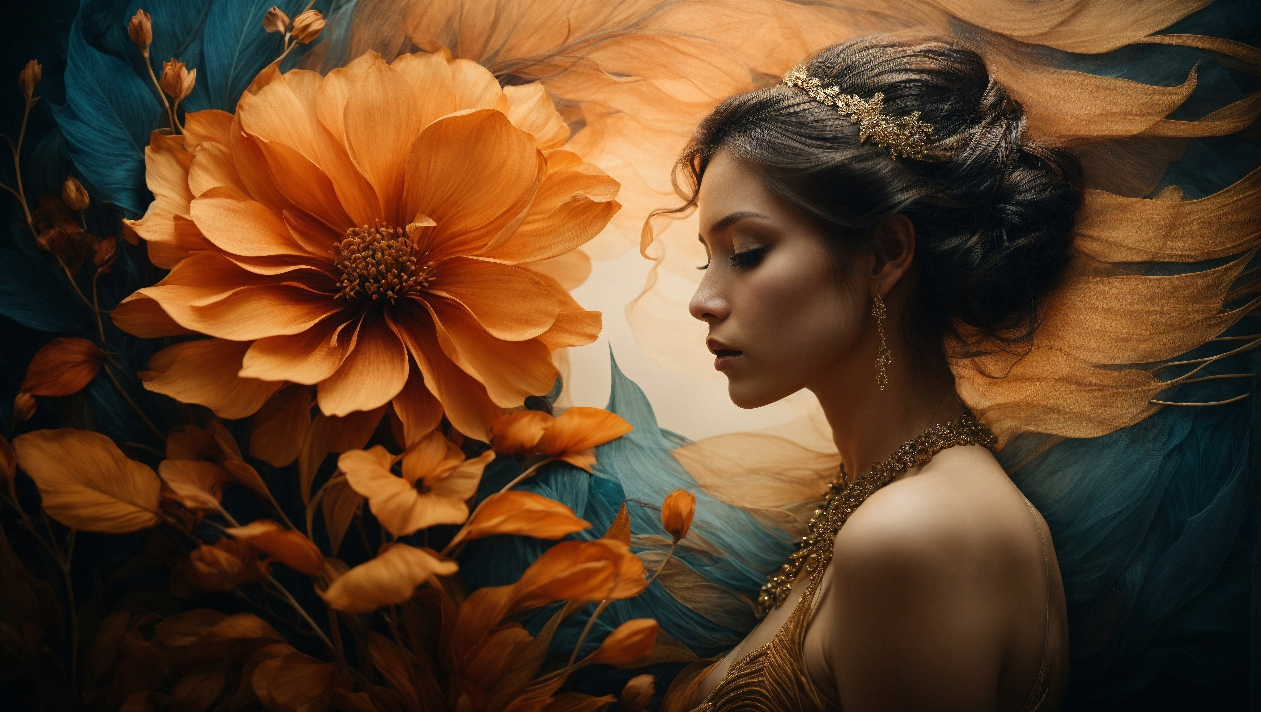 Free photo The woman with an orange flower is surrounded by bright orange flowers