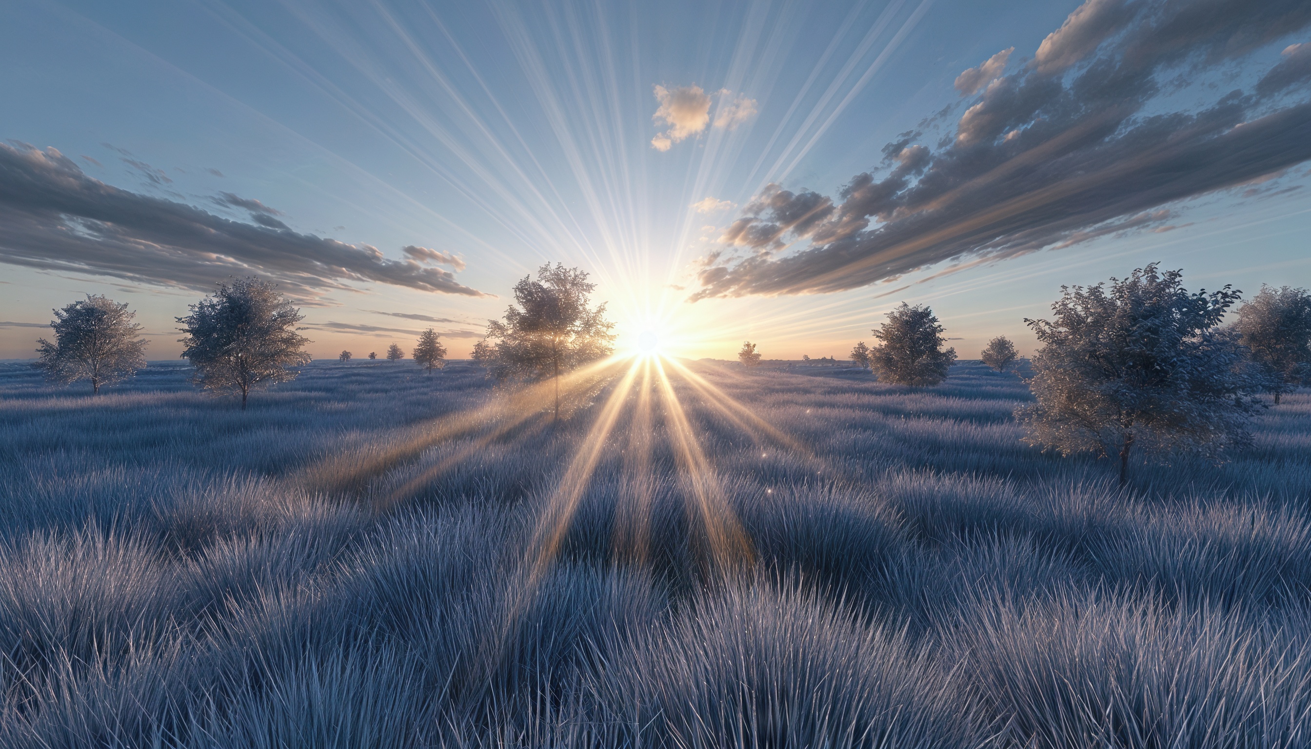 Бесплатное фото Пейзаж с серебристым полем, освещённым солнцем, которое пробивается сквозь облака.