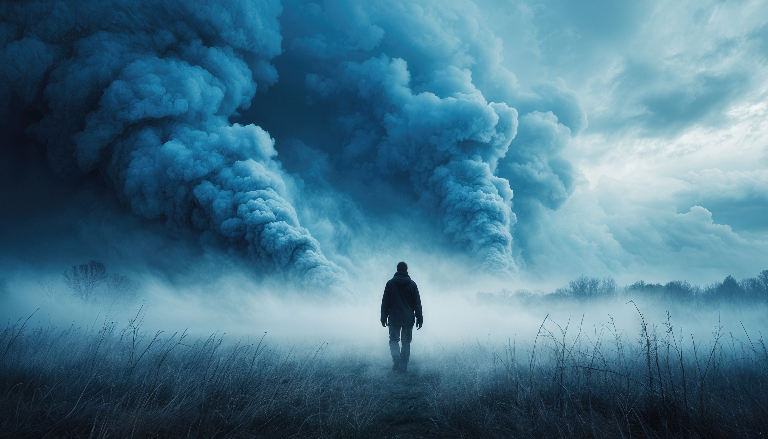 Бесплатное фото Человек в тёмной одежде идёт по полю в густом тумане, создавая атмосферу загадочности и напряжения.