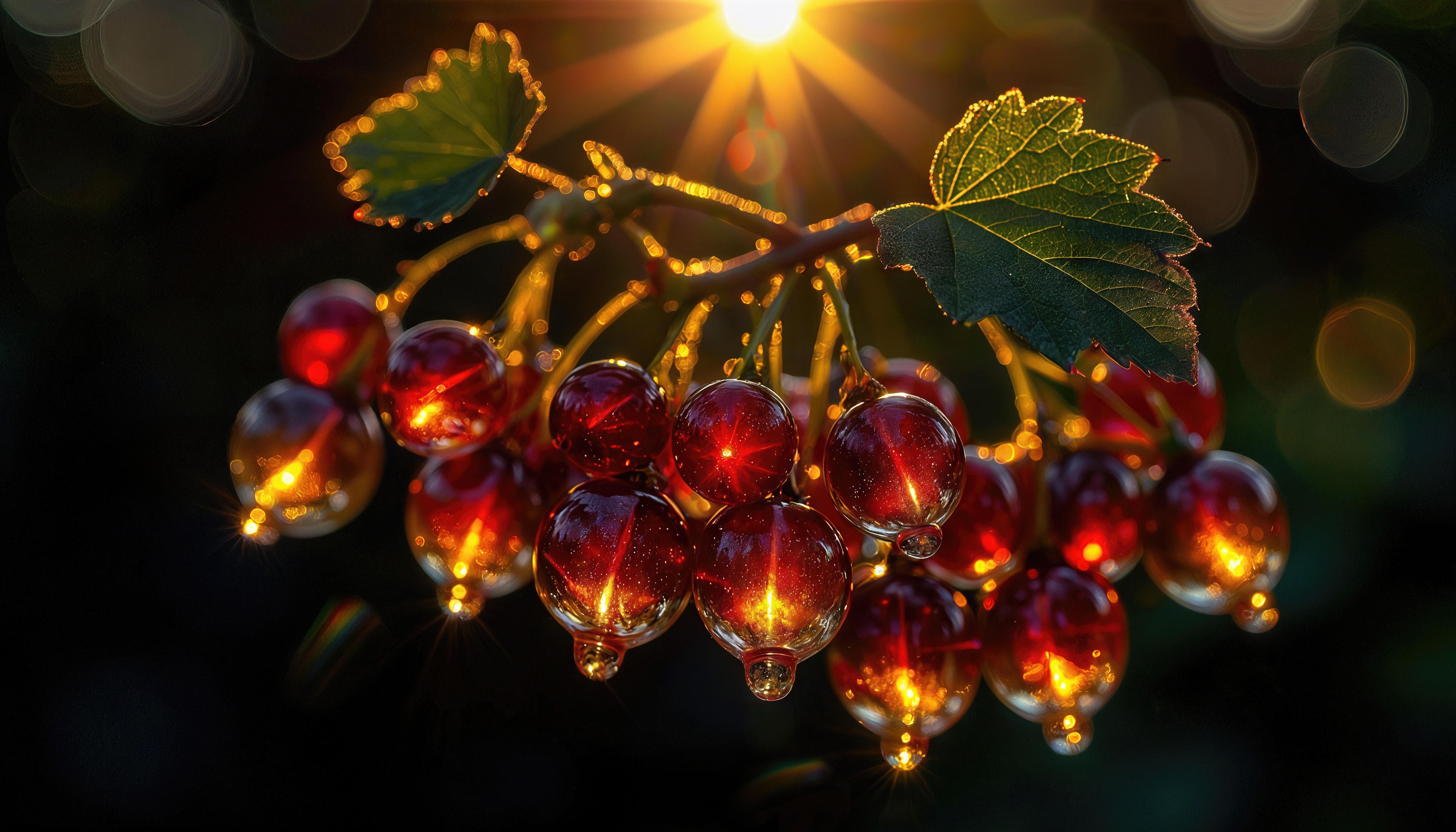 免费照片夕阳下的一束红醋栗是大自然在一滴光中的魔力。