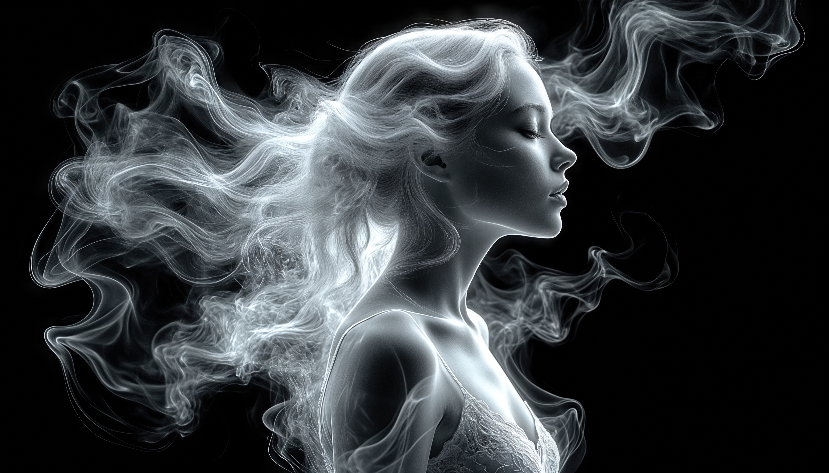 Бесплатное фото Девушка в дыму, создающем загадочную атмосферу.