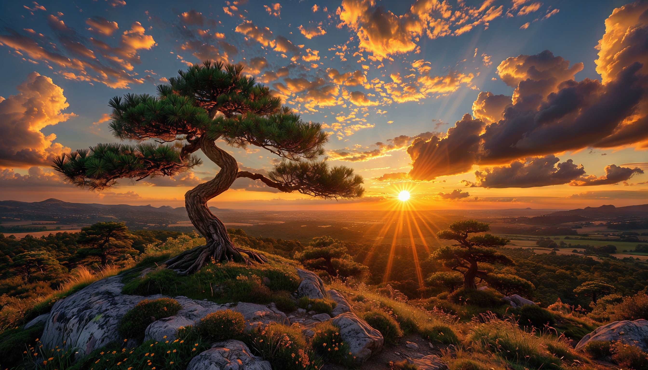 Бесплатное фото Живописный закат над горным пейзажем с изогнутым деревом на переднем плане.