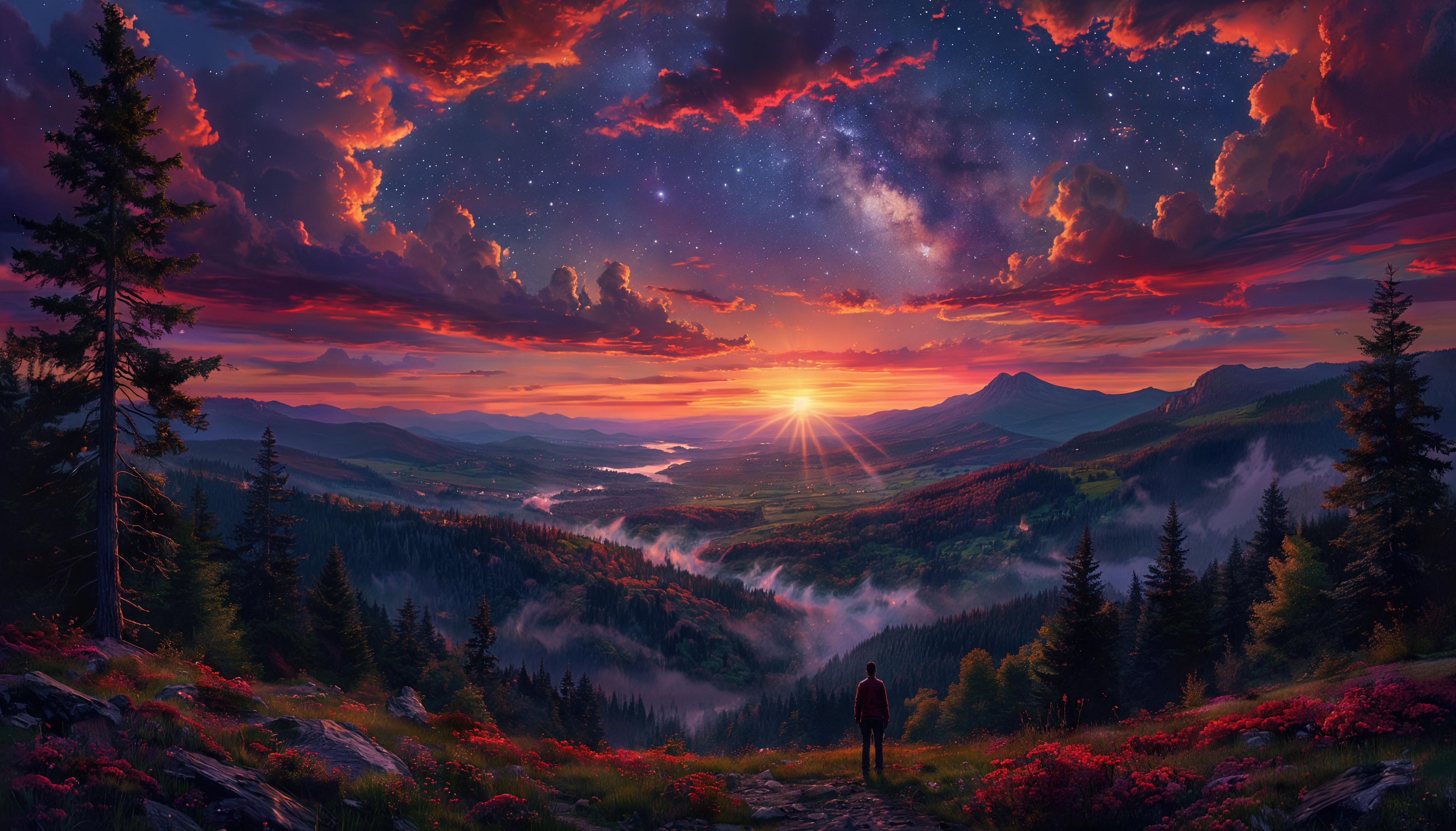 Бесплатное фото Человек стоит на склоне, любуясь закатом над долиной, окутанной туманом, под звёздным небом с облаками.