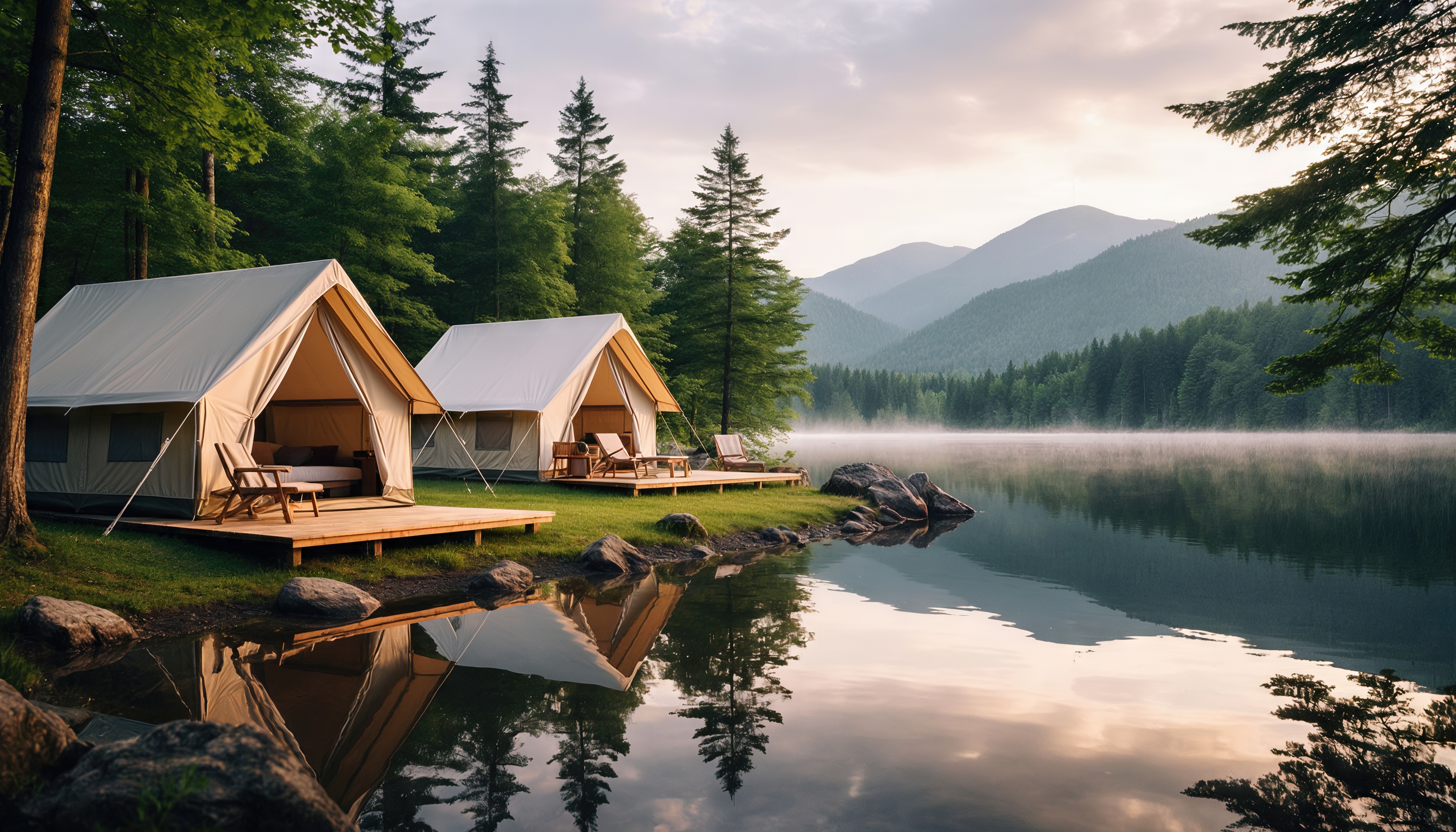 Бесплатное фото Уютный глэмпинг на берегу озера, окружённый лесом и горами.