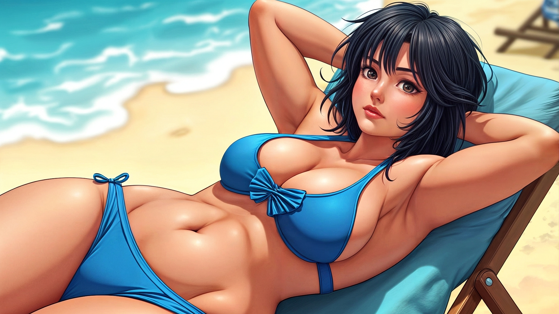 Бесплатное фото Девушка в голубом купальнике лежит на пляже