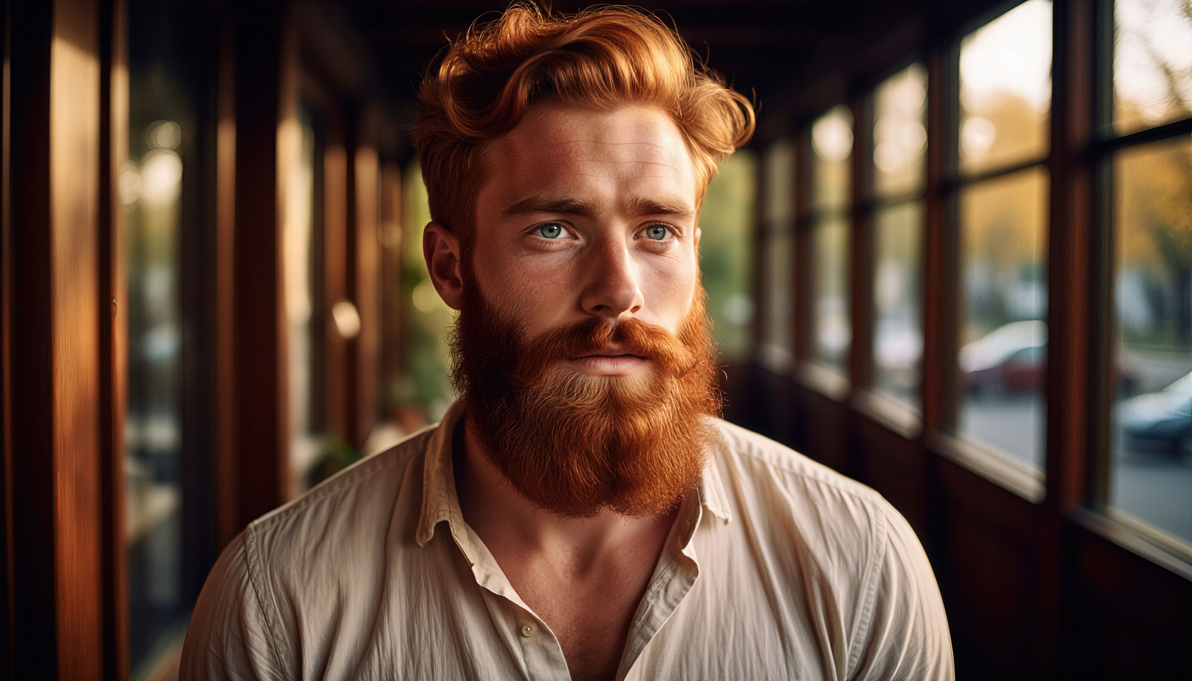 Бесплатное фото Мужчина с рыжими волосами и бородой в светлой рубашке смотрит вдаль на фоне больших окон.