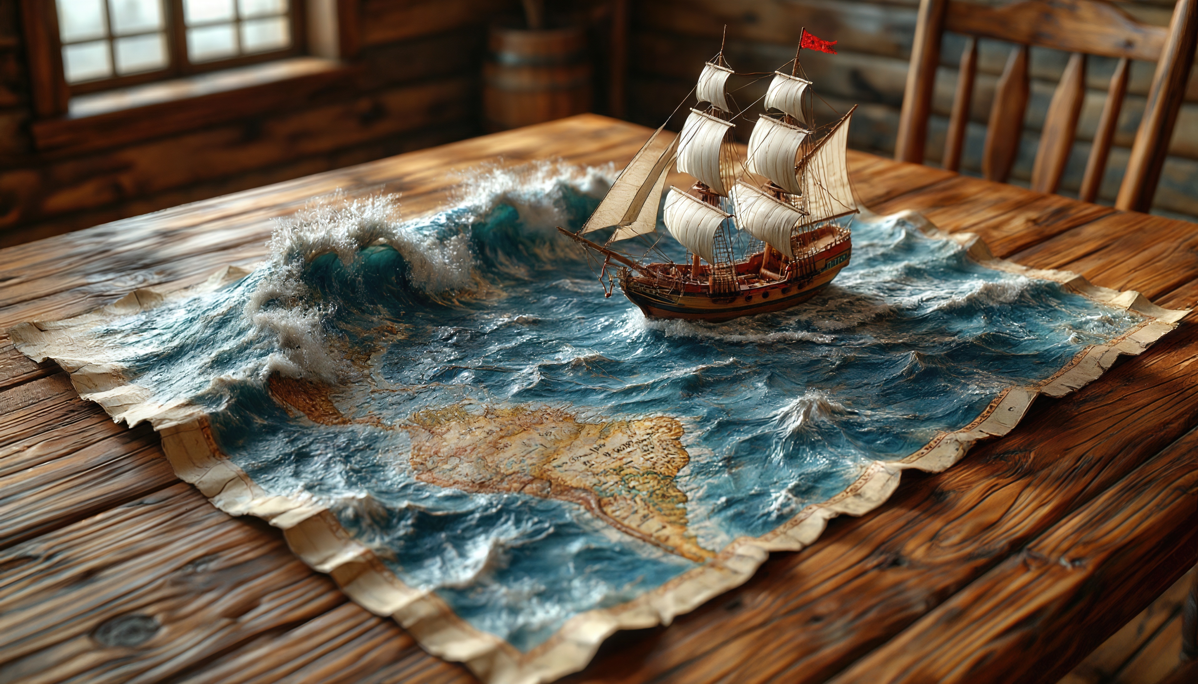 Бесплатное фото На деревянном столе лежит старая карта мира с волнами и парусником, создающая атмосферу морских приключений.