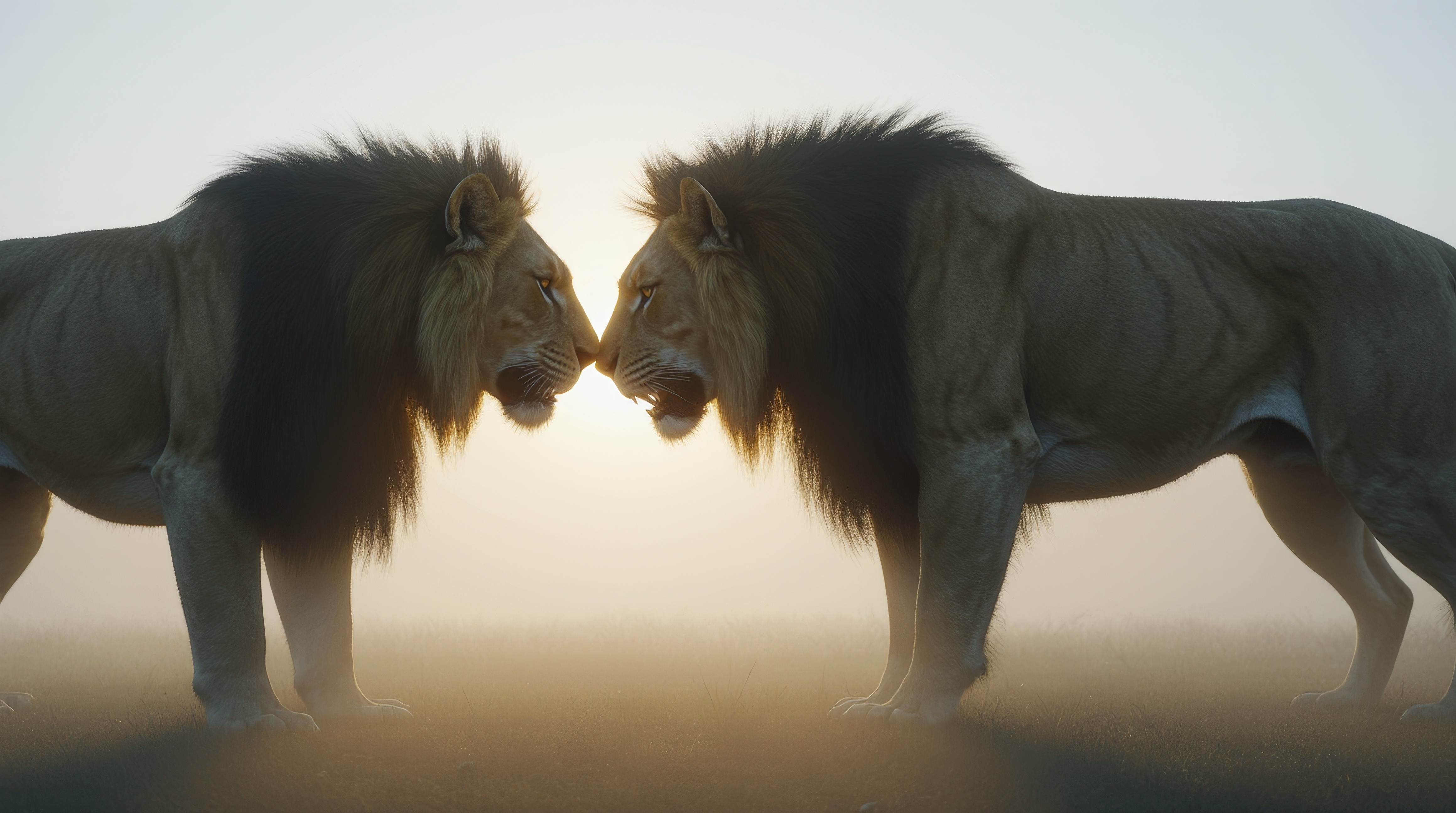 Бесплатное фото Два льва стоят рядом друг с другом перед солнцем