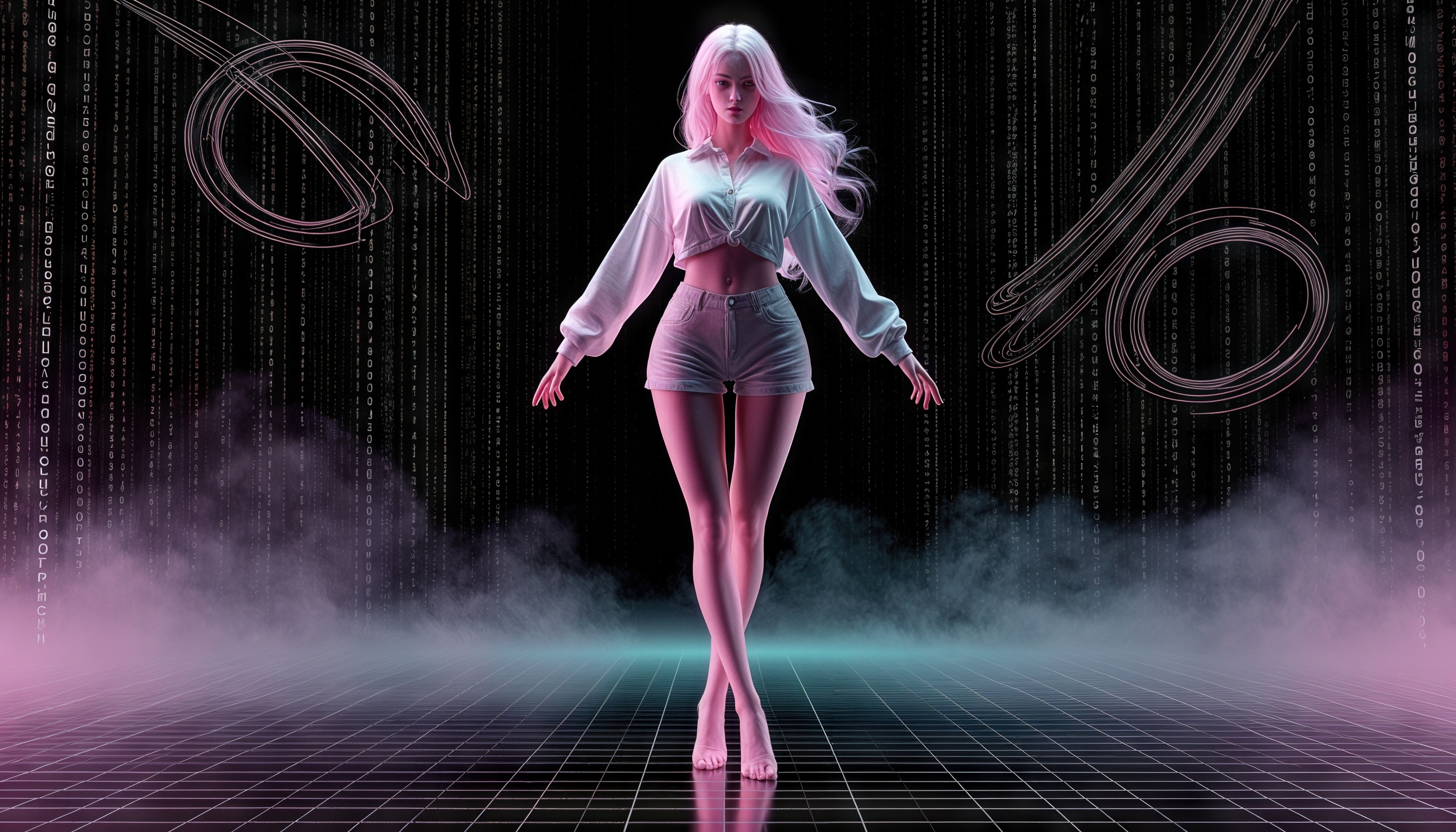 Бесплатное фото Девушка в светлой одежде стоит на фоне, напоминающем матрицу с цифрами и символами.