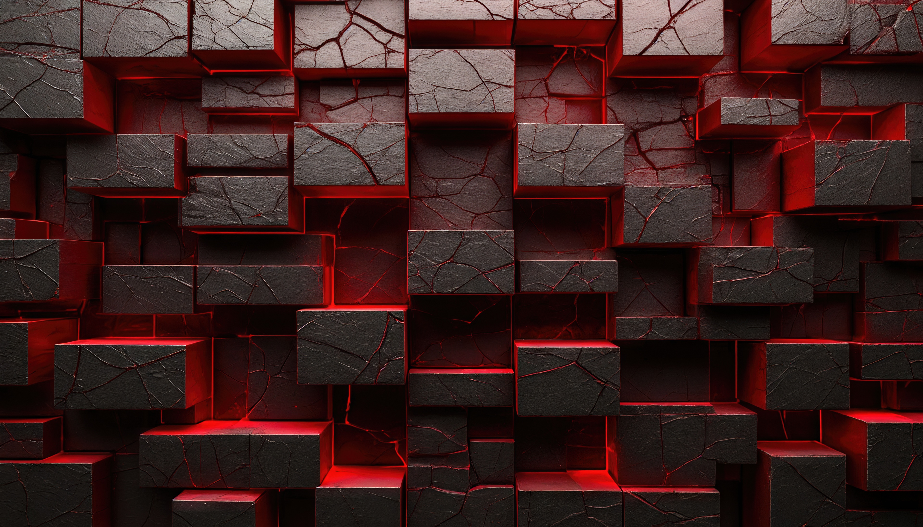 Free photo Abstract 3D composition: black cubes with cracks and bright red edges.