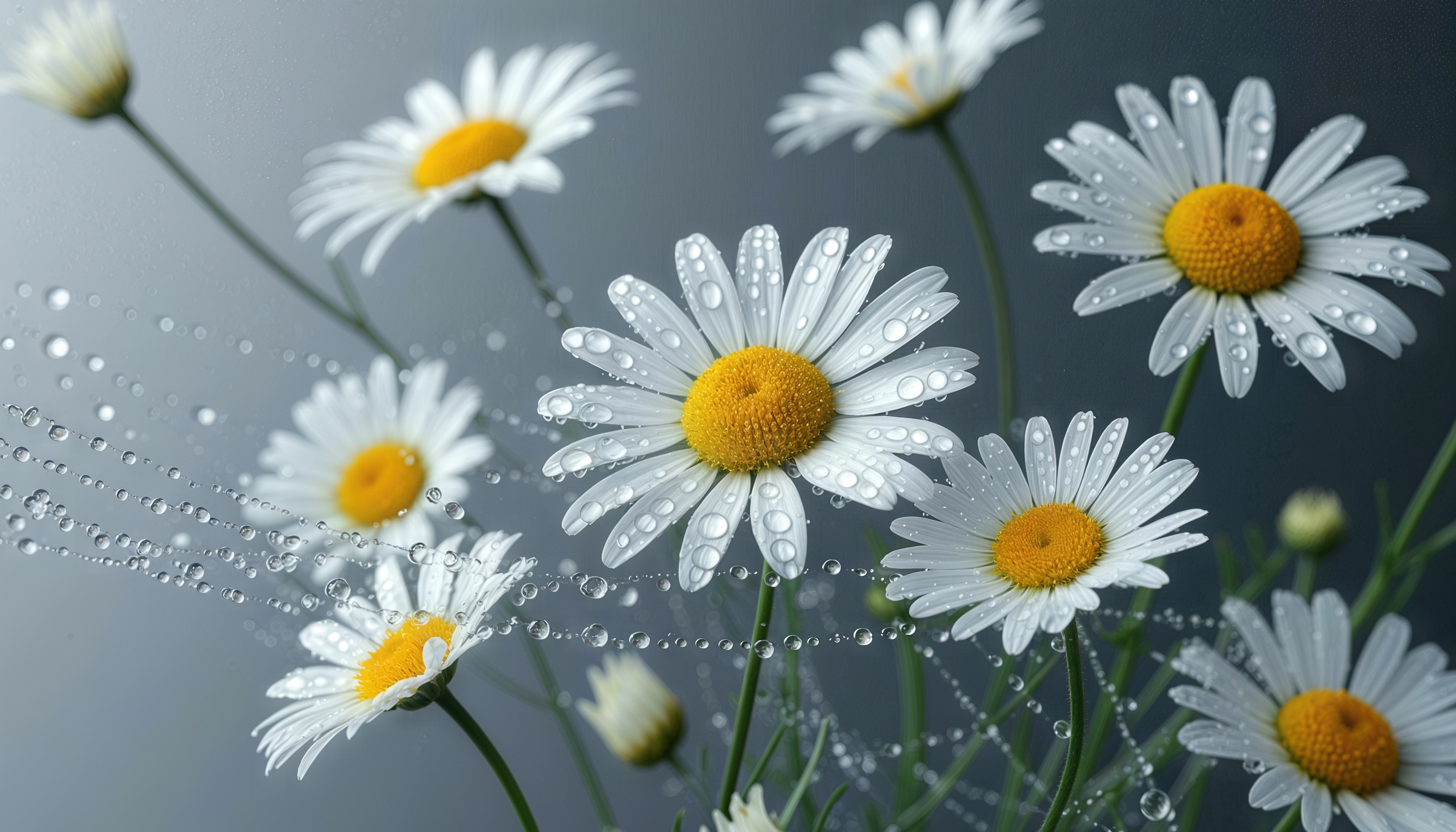 Бесплатное фото Утренние ромашки с паутинкой и капельками росы.