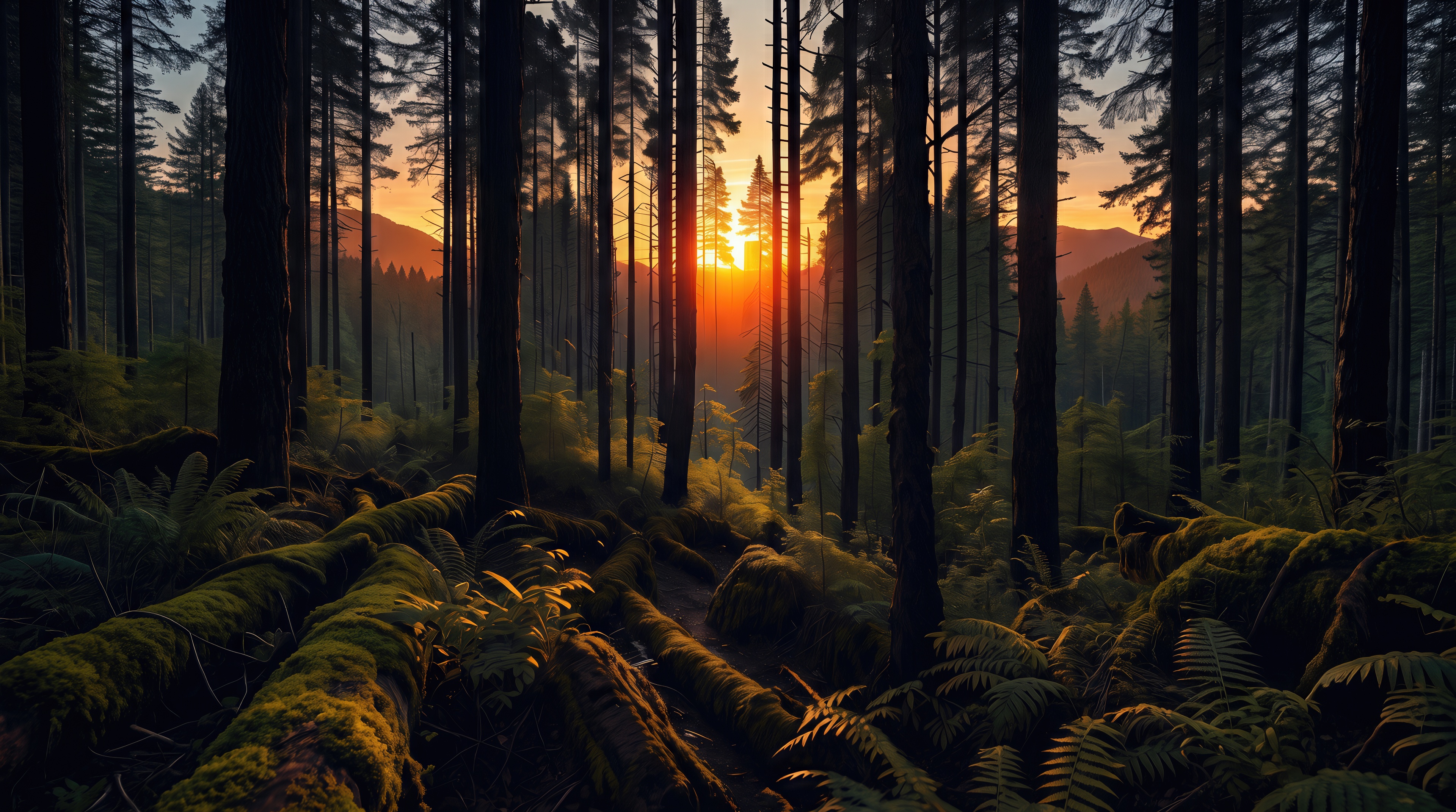 Free photo A mysterious forest thicket at dawn, where the sun`s glare gently highlights moss and wildlife.