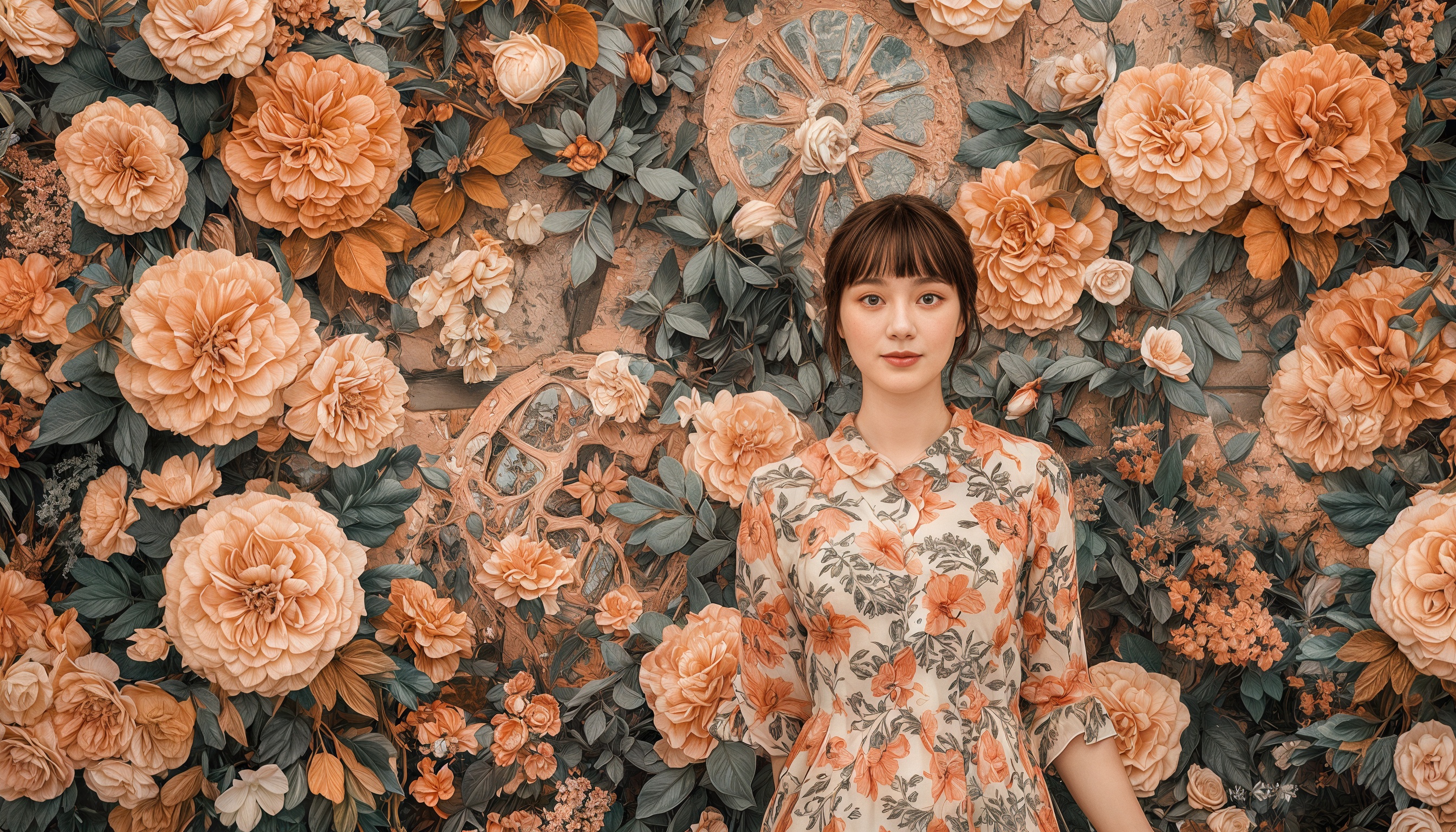 Бесплатное фото Девушка в цветочном платье стоит на фоне стены с персиково-оранжевыми цветами и зелёной листвой.