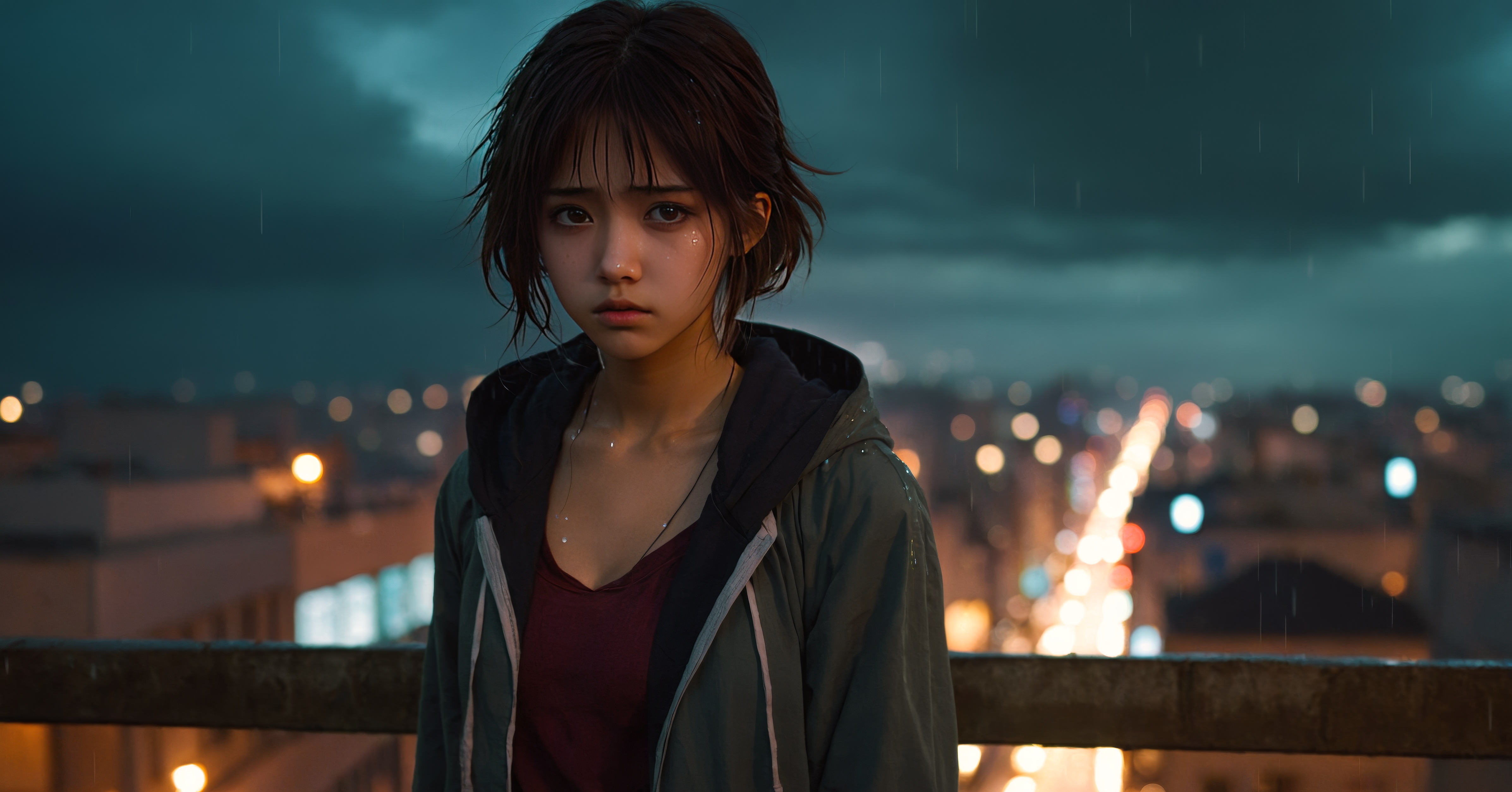 Бесплатное фото Женщина под дождем на фоне городских огней