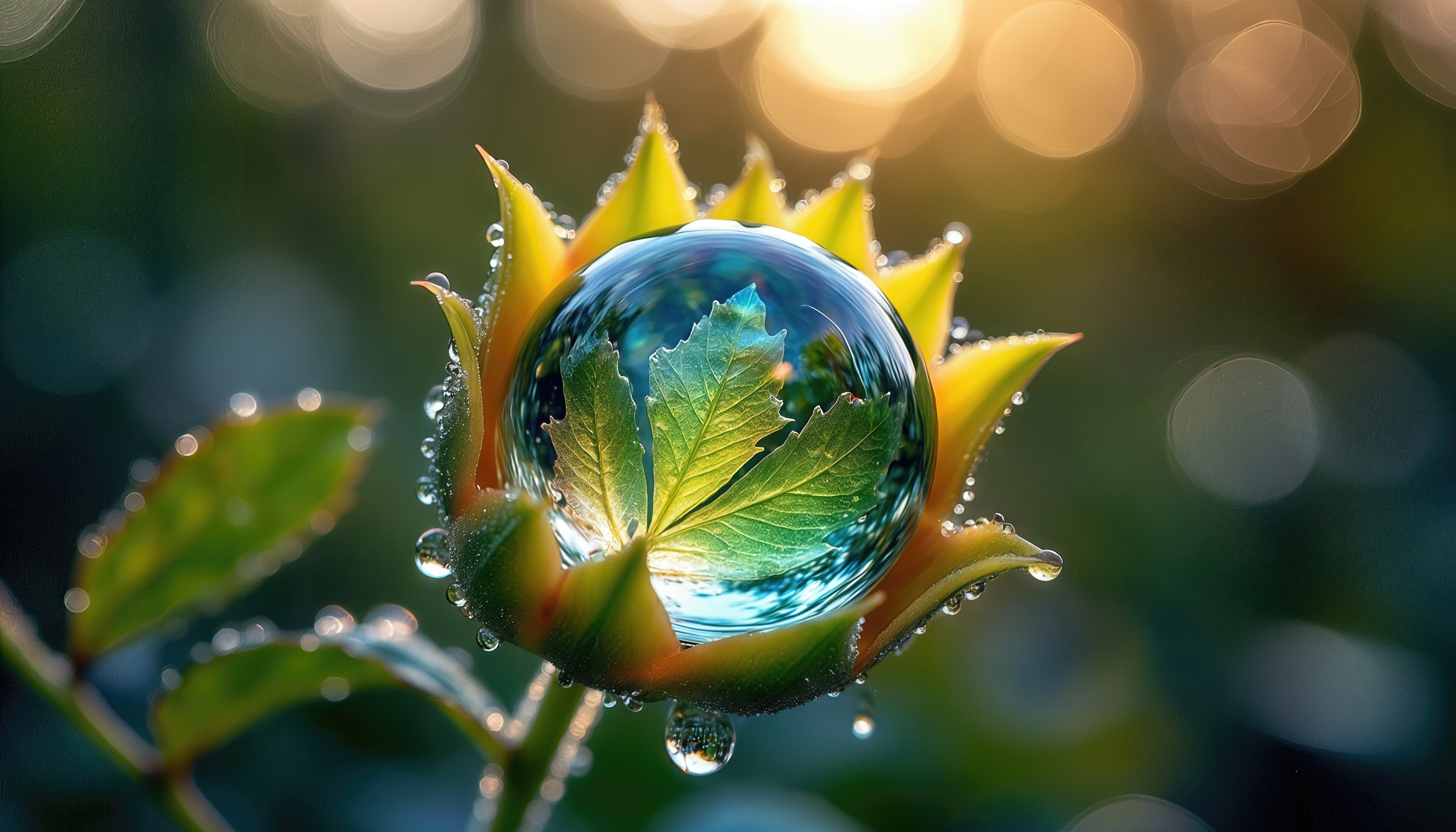 Бесплатное фото Солнечные блики танцуют на росистом бутоне розы.