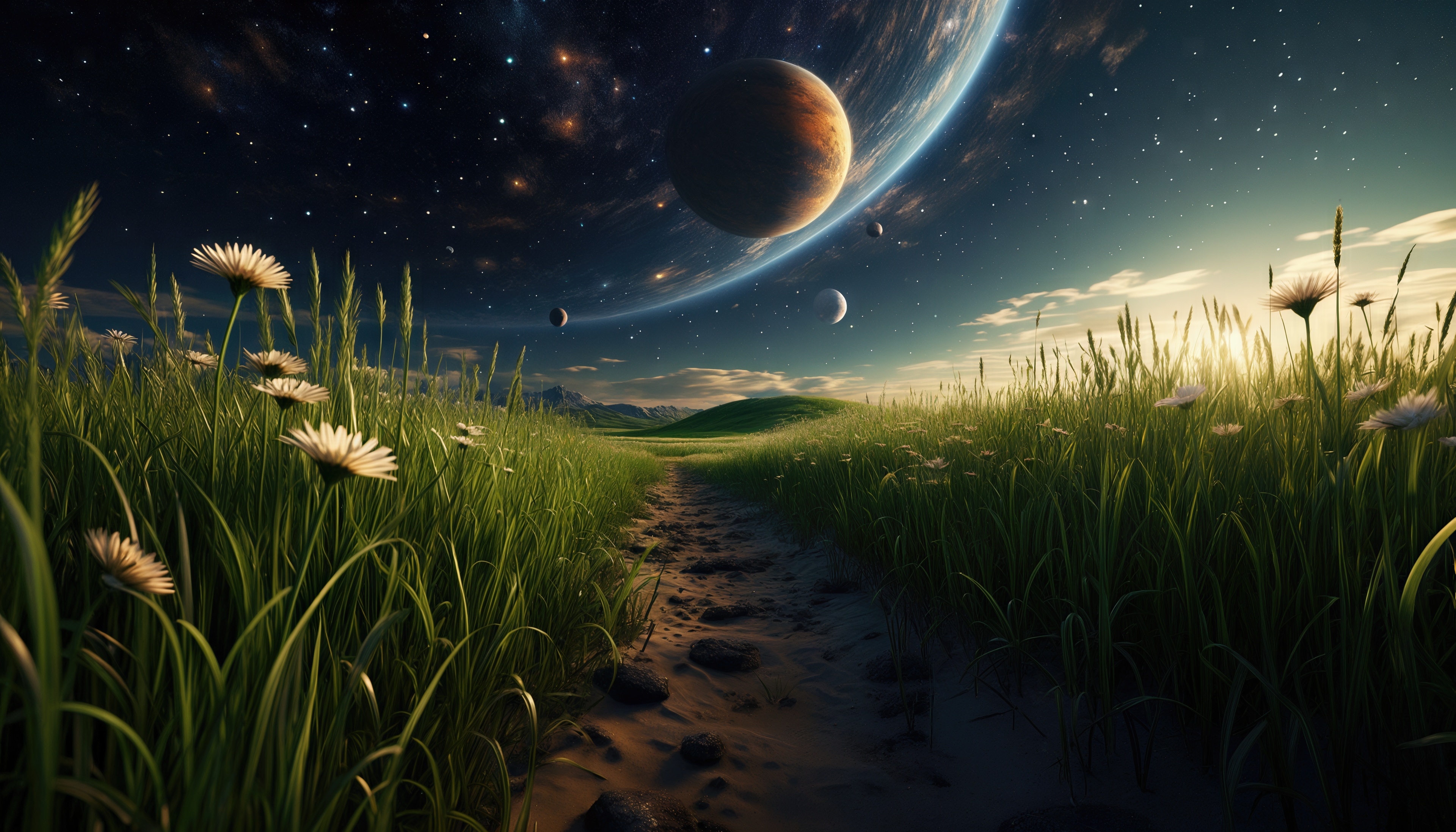 Бесплатное фото Тропинка через ромашковое поле уходит в бескрайний космос с яркими планетами.