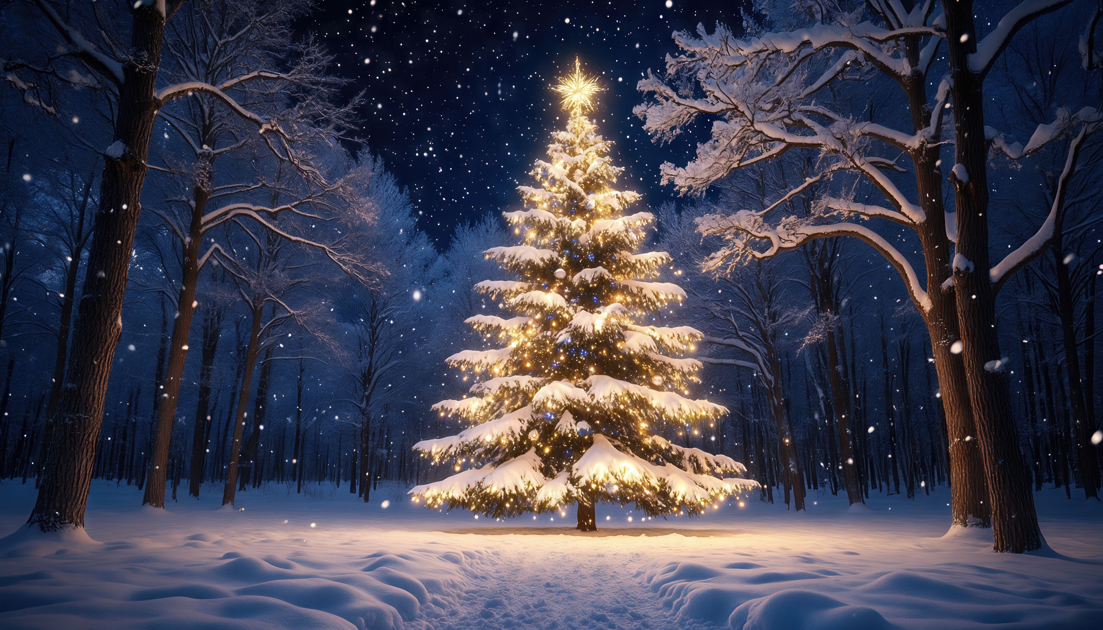 Ёлка, украшенная огоньками, стала сердцем зимнего леса.