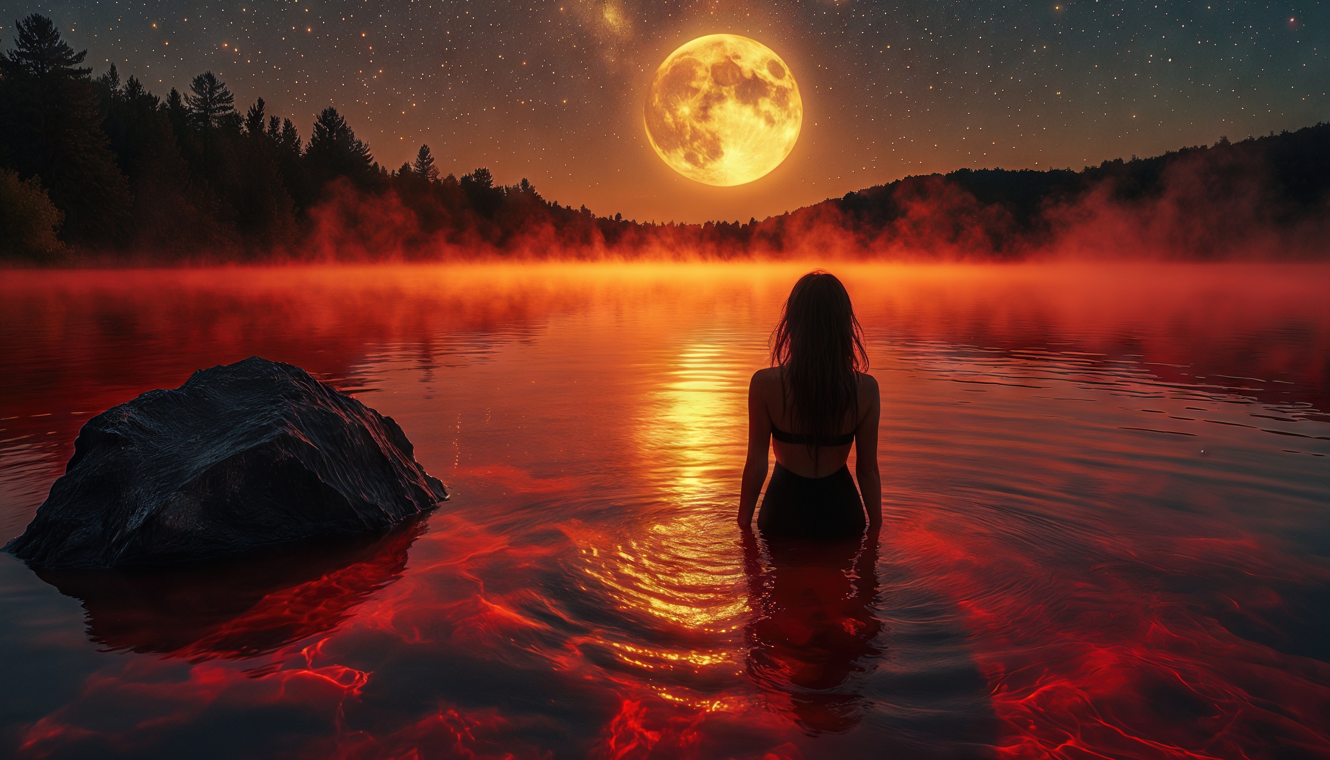 Отражение луны в озере, девушка в воде, таинственная атмосфера.
