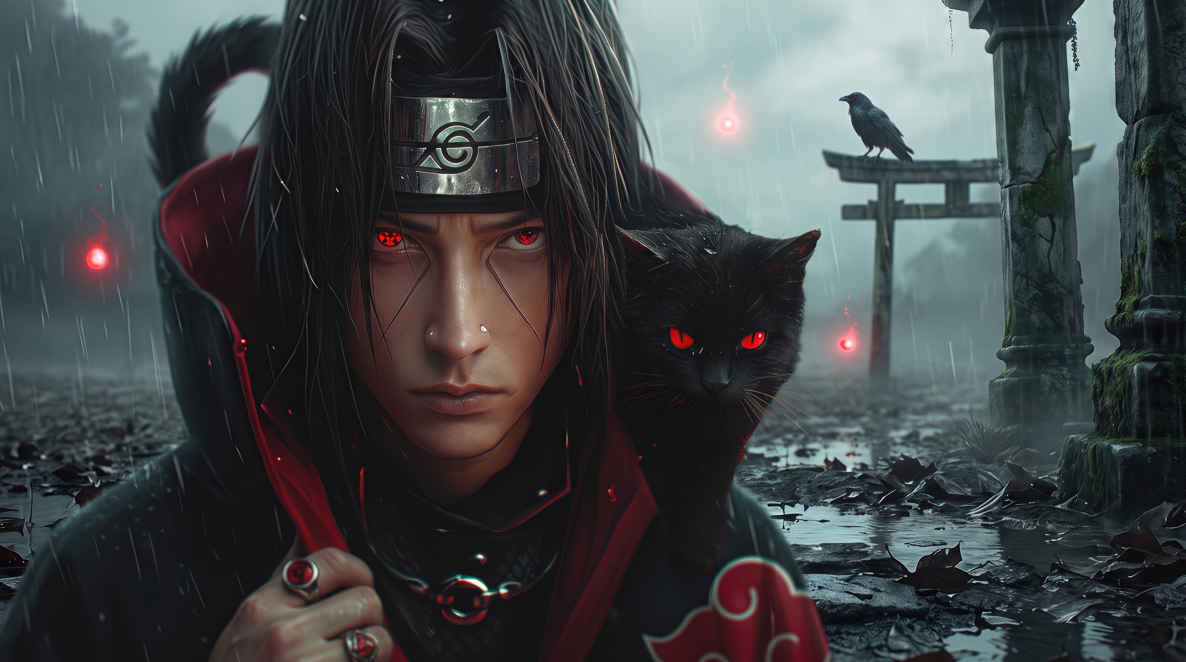 免费照片一只阴沉的Itachi Uchiha，肩膀上有一只火红的sharingan和一只黑猫，站在鸟居古门附近的雨中。