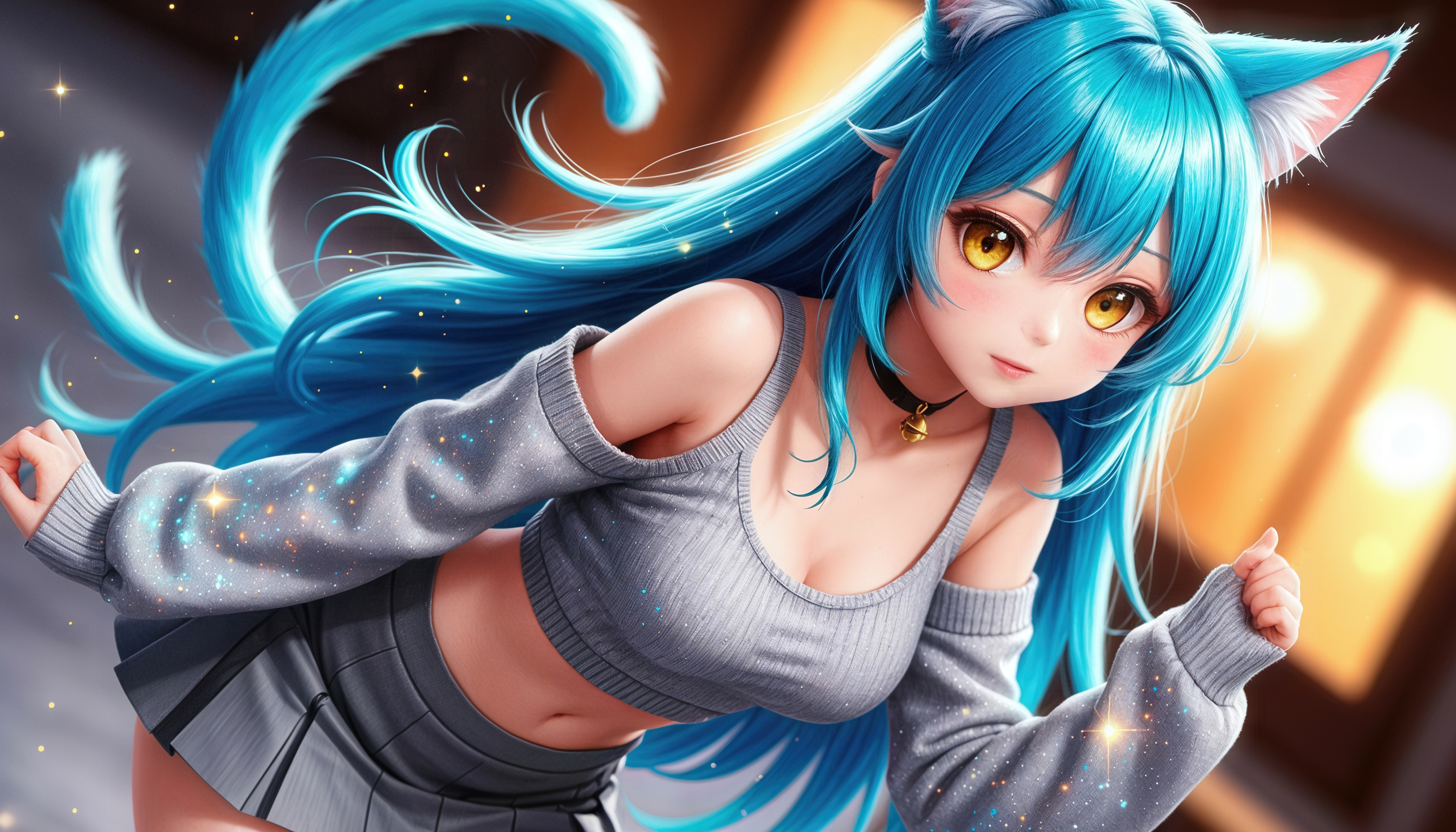 Аниме-девушка с голубыми волосами и кошачьими ушками в серой кофте и черной юбке на фоне солнечного света.