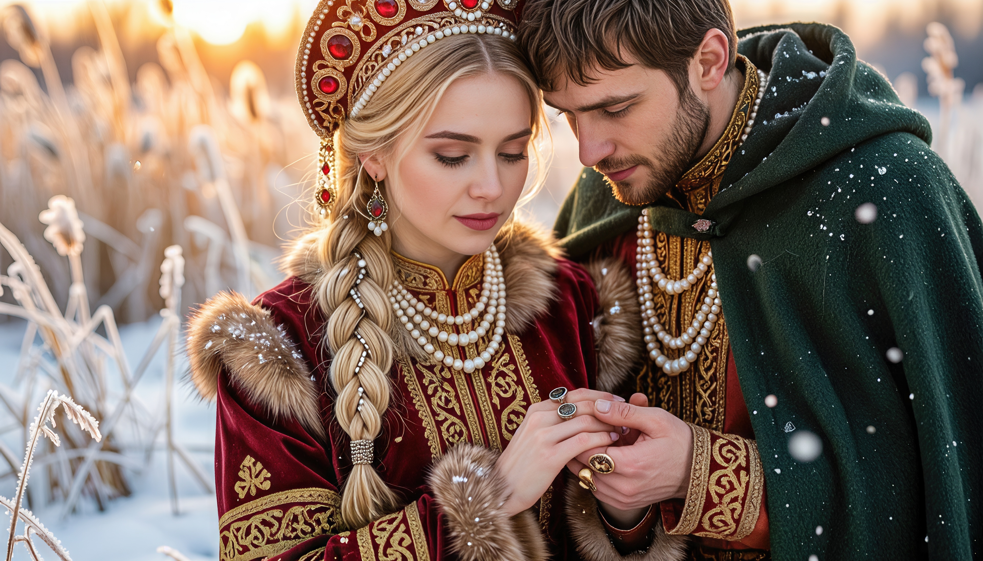 A Slavic prince and a princess in rich furs, a kokoshnik and pearls touch their heads in the rays of the winter sun.