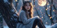 Лиса-девушка в меховой шубе греется в лунном свете.