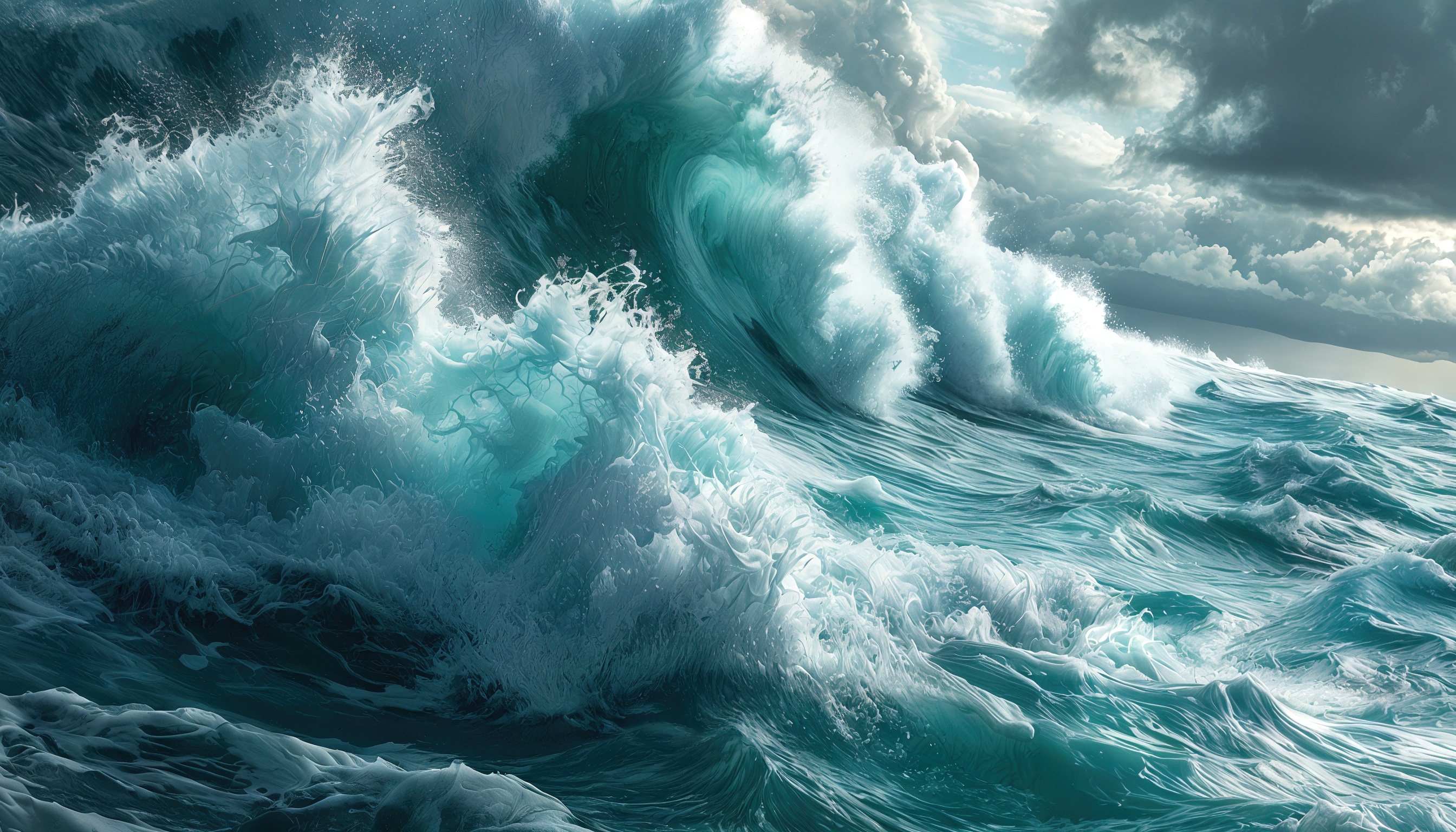 Бесплатное фото Мощная океанская волна, разбивающаяся на берегу, с белыми пенными гребнями и драматическим облачным небом.