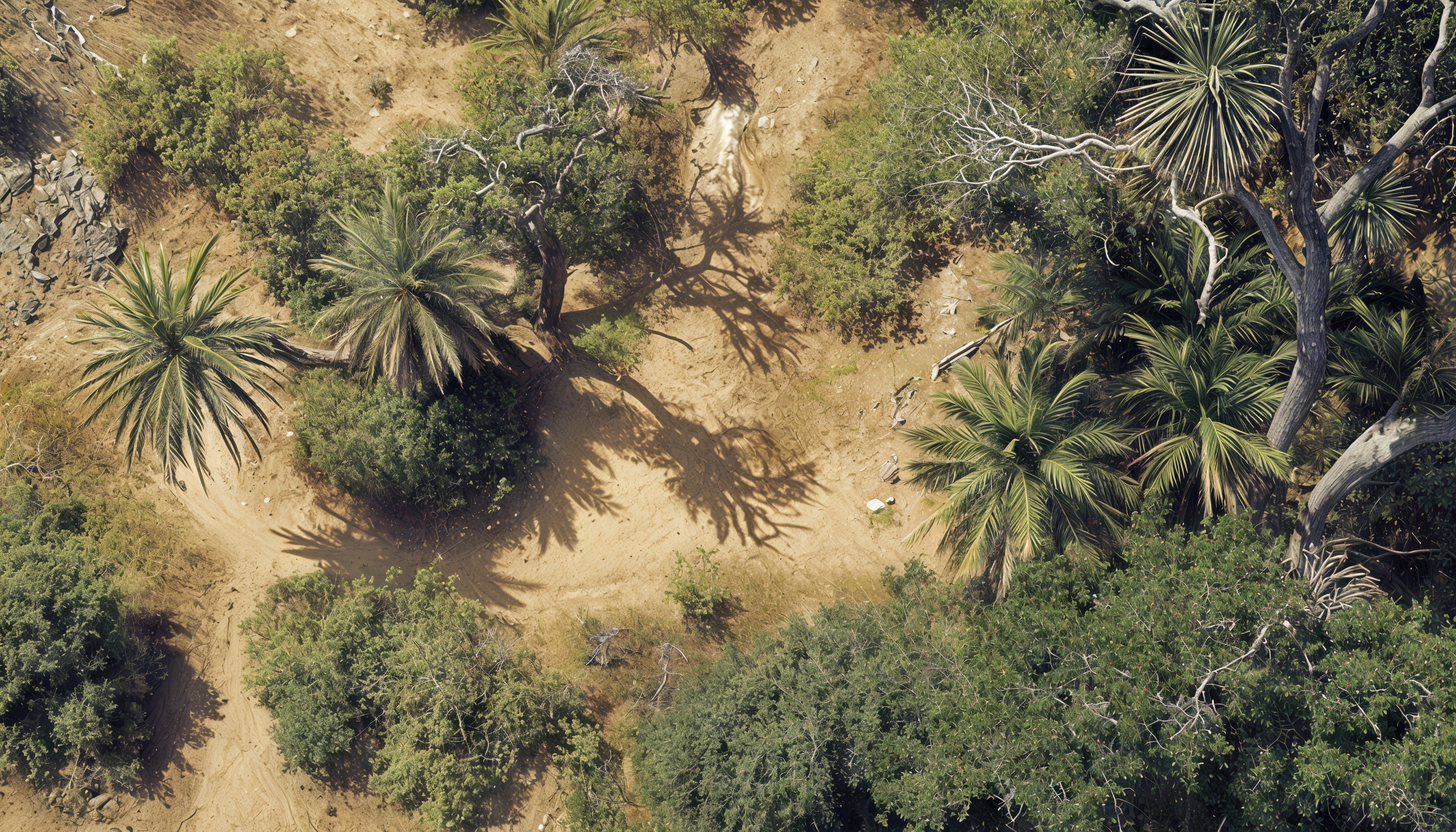 С высоты птичьего полета открывается вид на саванну, укутанную в зелень пальм и кустарников.