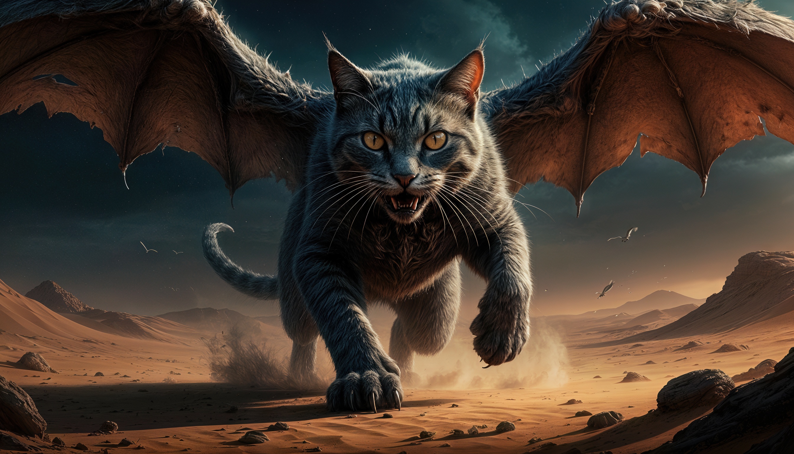 Бесплатное фото Фантастический кот с крыльями дракона на фоне пустынного пейзажа.