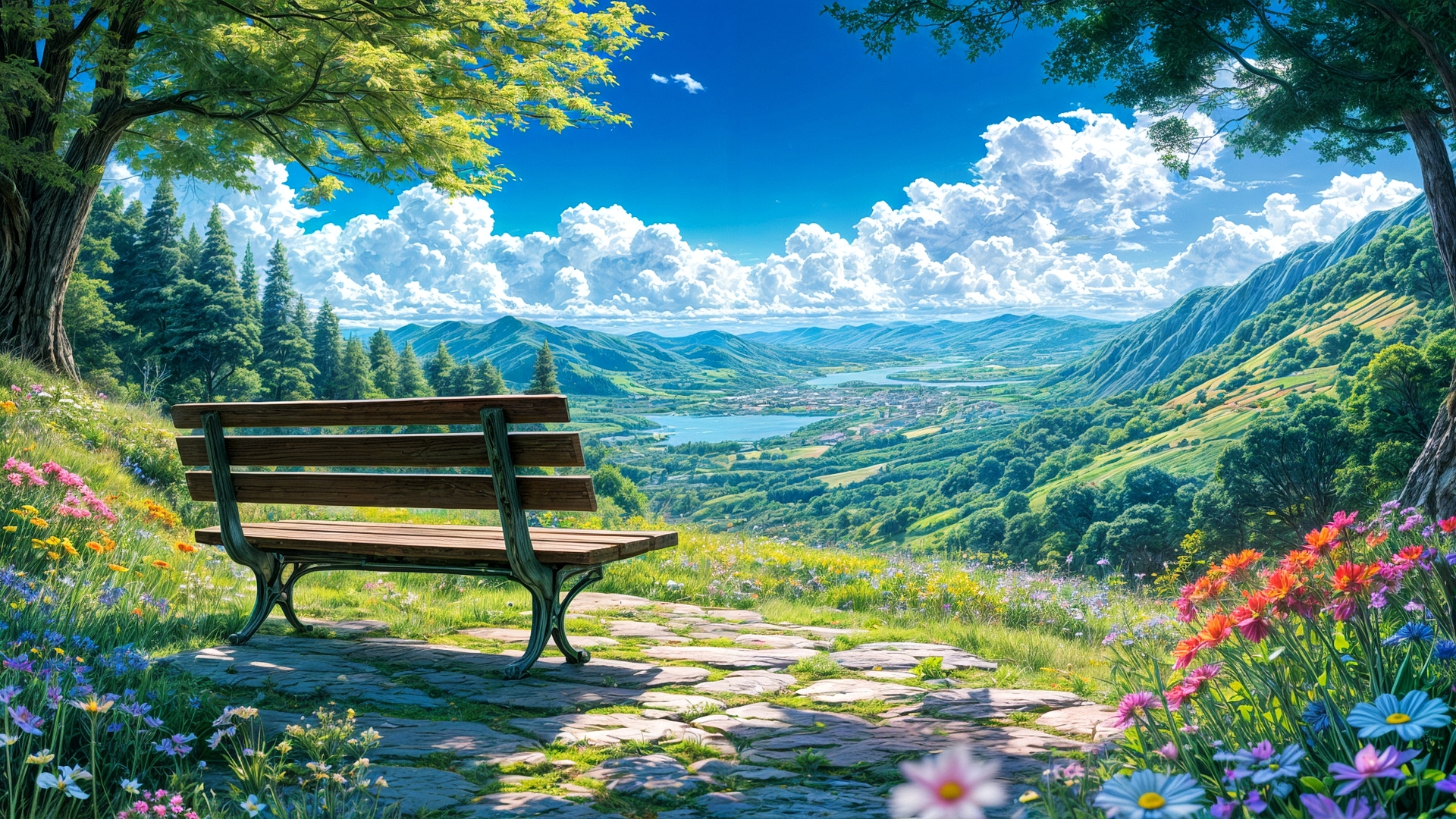 Бесплатное фото Красивый летний пейзаж и скамейка