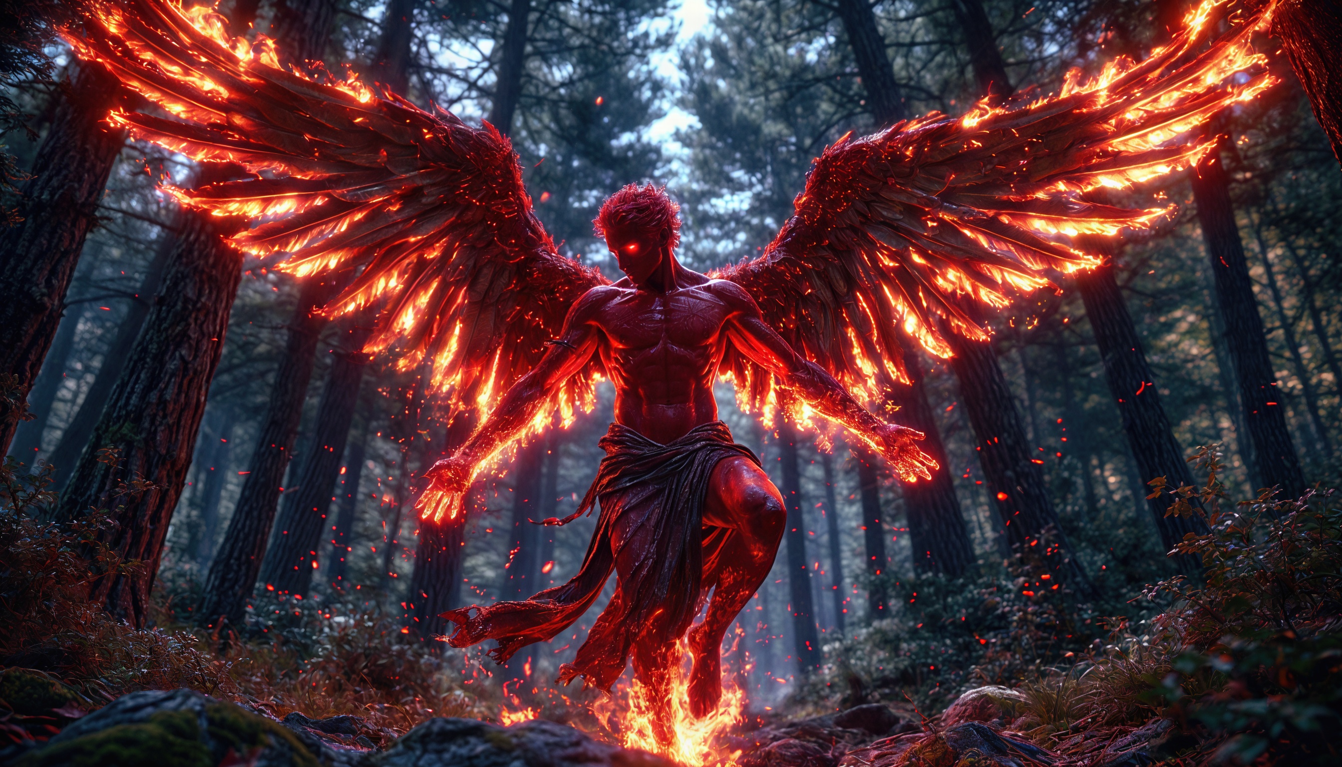 Бесплатное фото Демоническое существо с огненными крыльями в лесу, излучающее зловещую атмосферу.