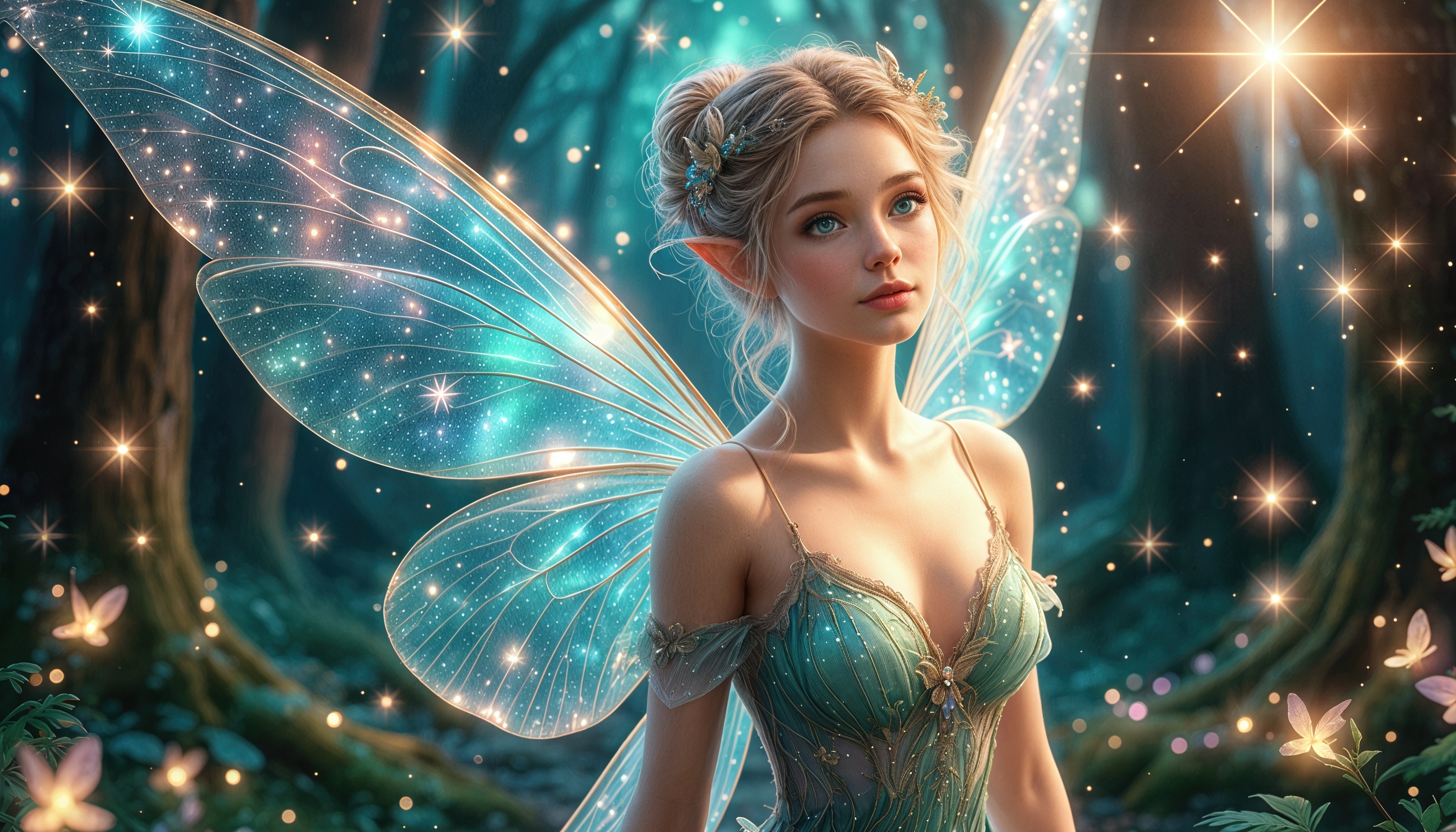Бесплатное фото Фея с мерцающими крыльями в волшебном лесу среди звёздных огоньков.