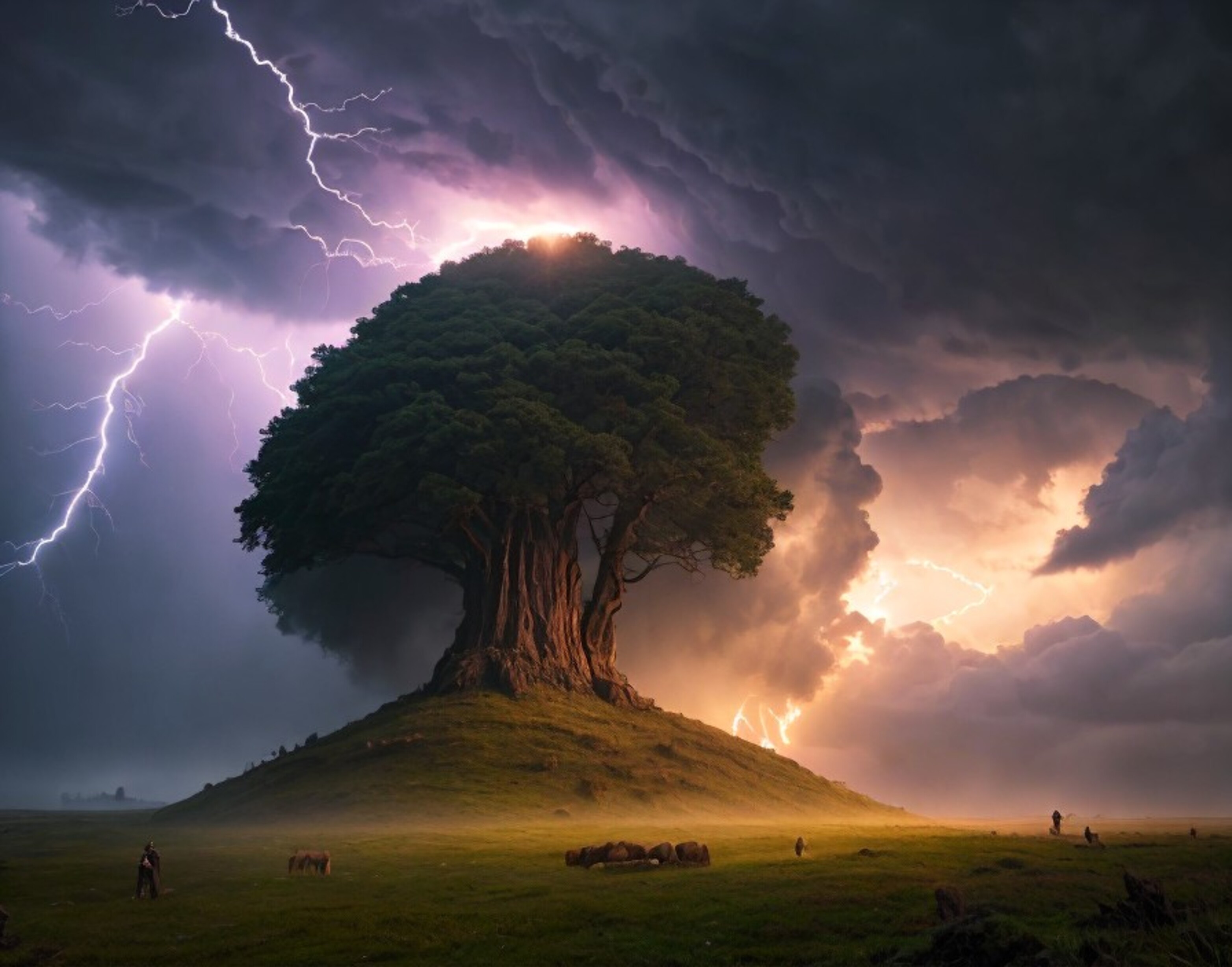 A tree at night and lightning above it