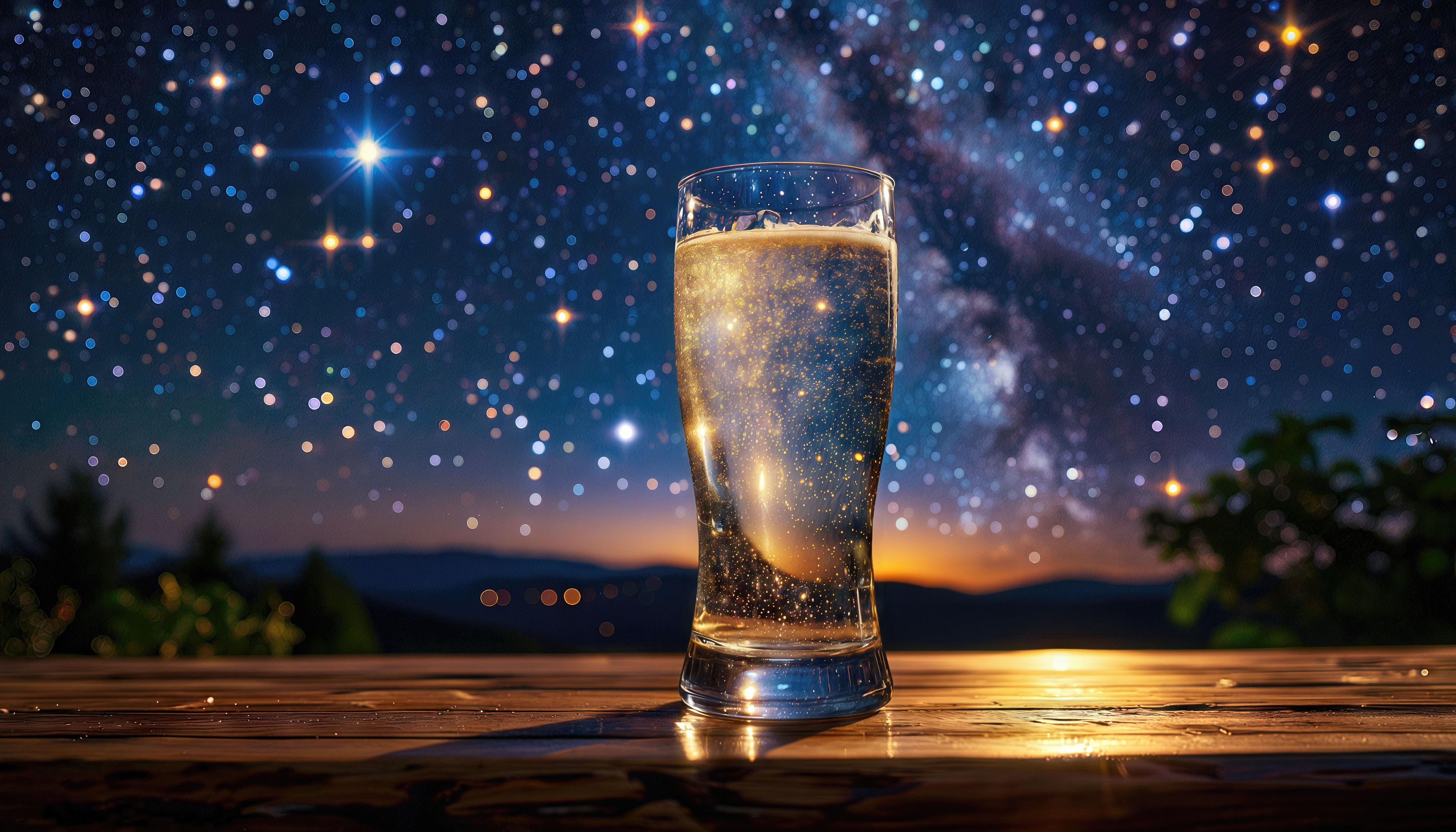 Бесплатное фото Бокал шампанского на фоне звёздного неба - атмосфера волшебства и покоя.