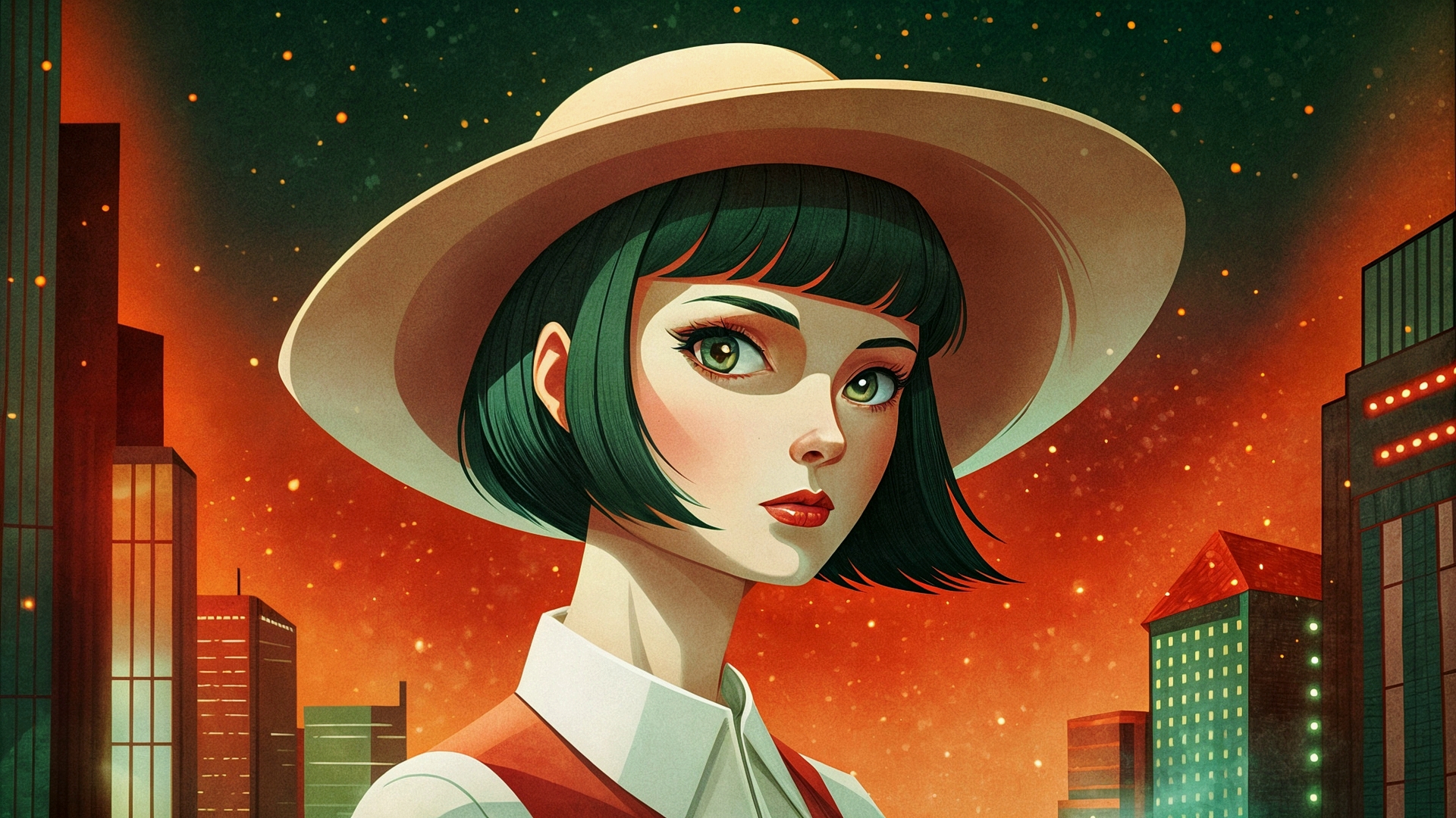 Бесплатное фото Портрет девушки брюнетки в шляпе на фоне ночного города