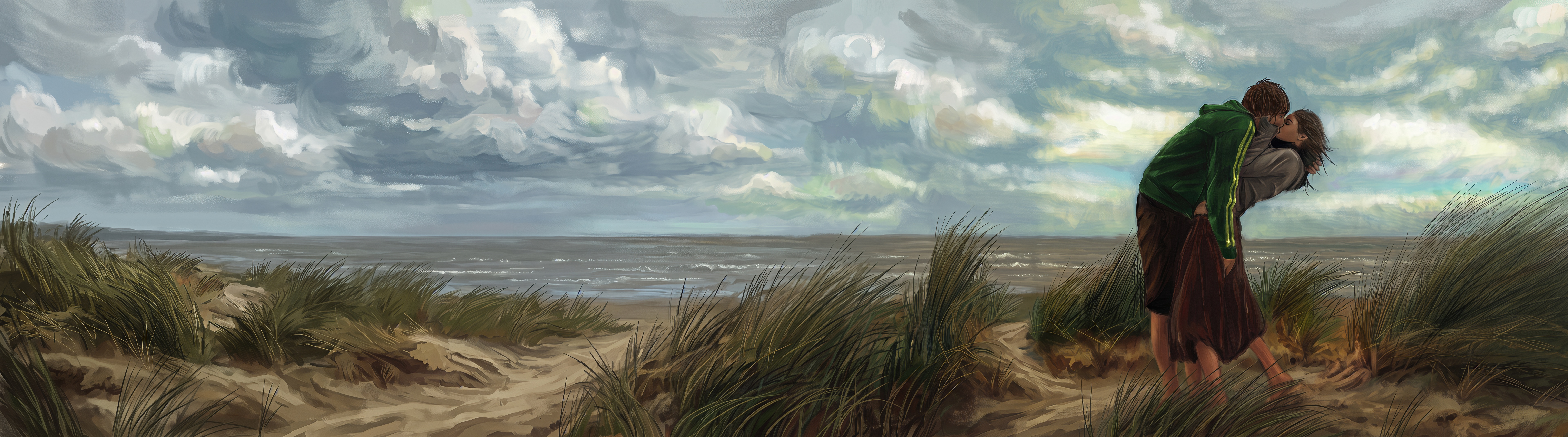 Free photo Romantic panoramic art with a guy and a girl hugging on a wild coastal beach in windy weather.