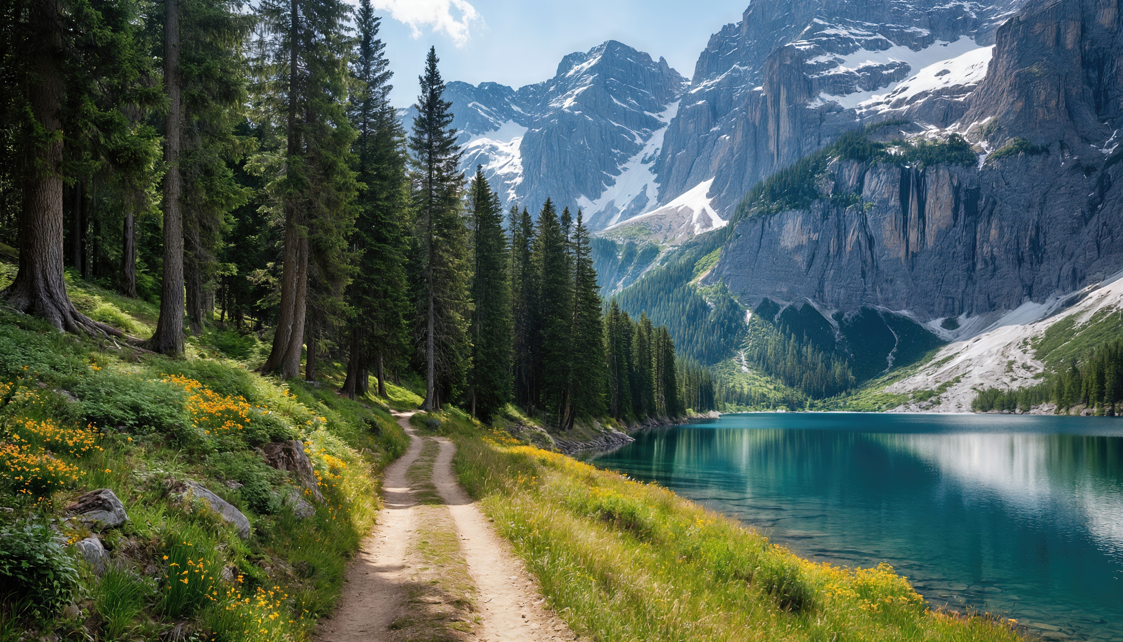 Бесплатное фото Извилистая дорога ведёт через хвойный лес к бирюзовому озеру у подножия гор.