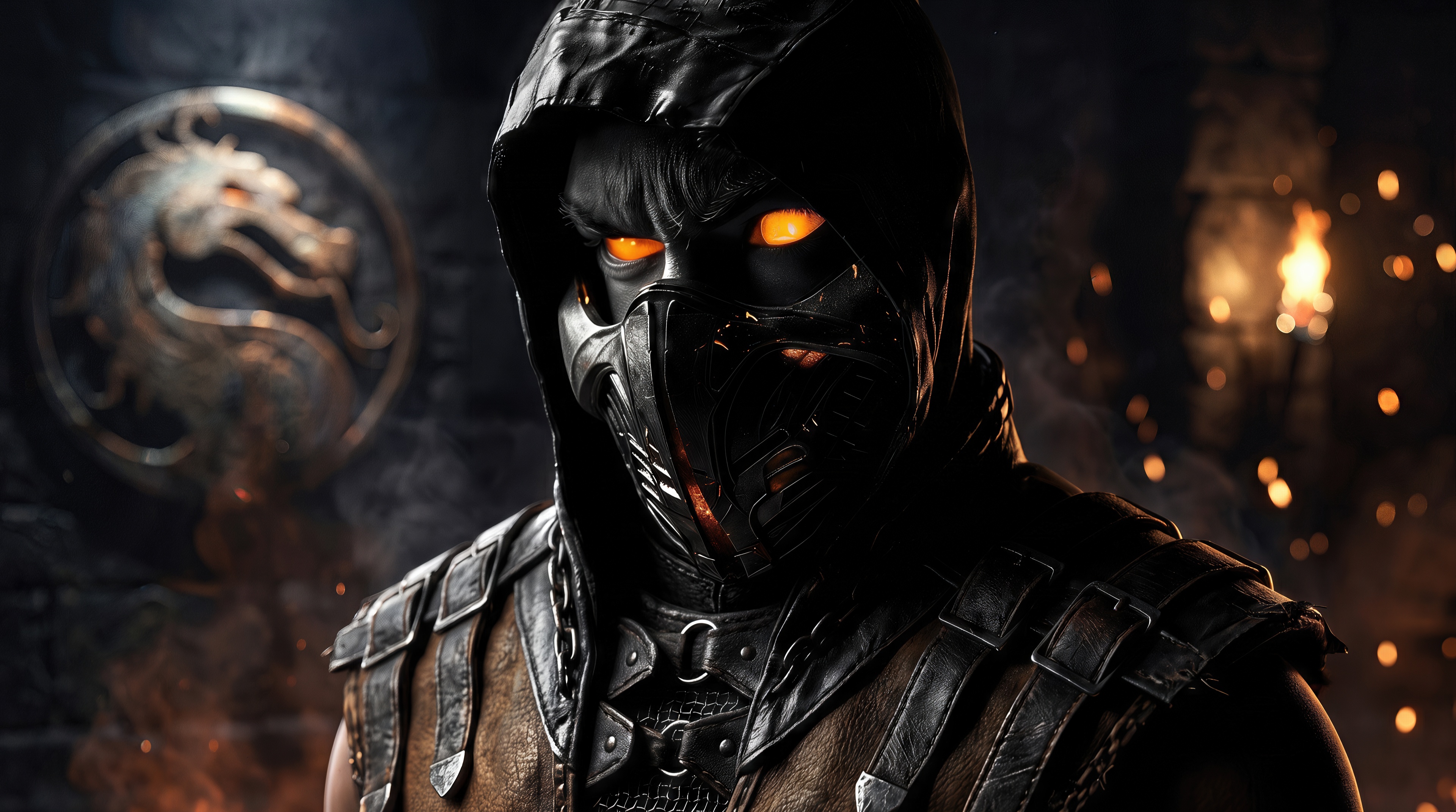 Free photo The legendary ninja Scorpion with flaming eyes on the background of the iconic Mortal Kombat logo.