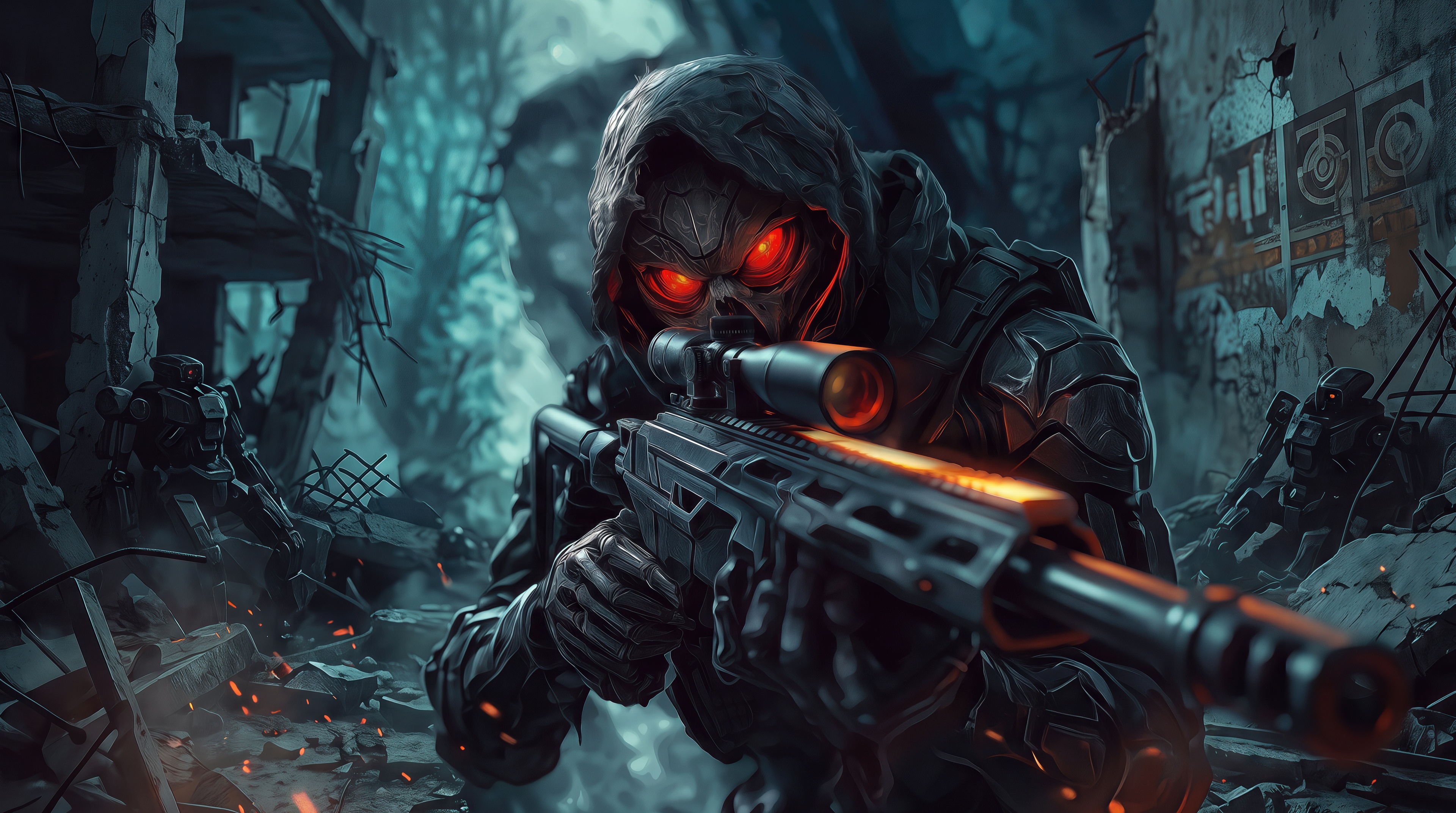Free photo A futuristic sniper in dark armor and a hood is aiming a rifle among dilapidated city buildings.