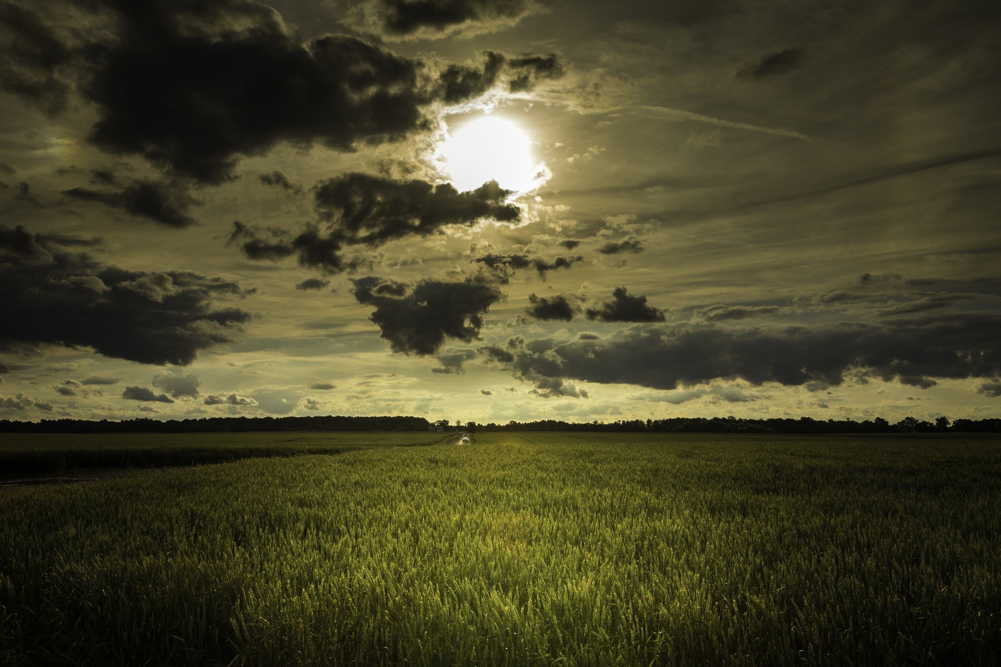 Бесплатное фото Поле в закатных лучах, небо в облаках, солнце проглядывает - драматичный и тёплый пейзаж.