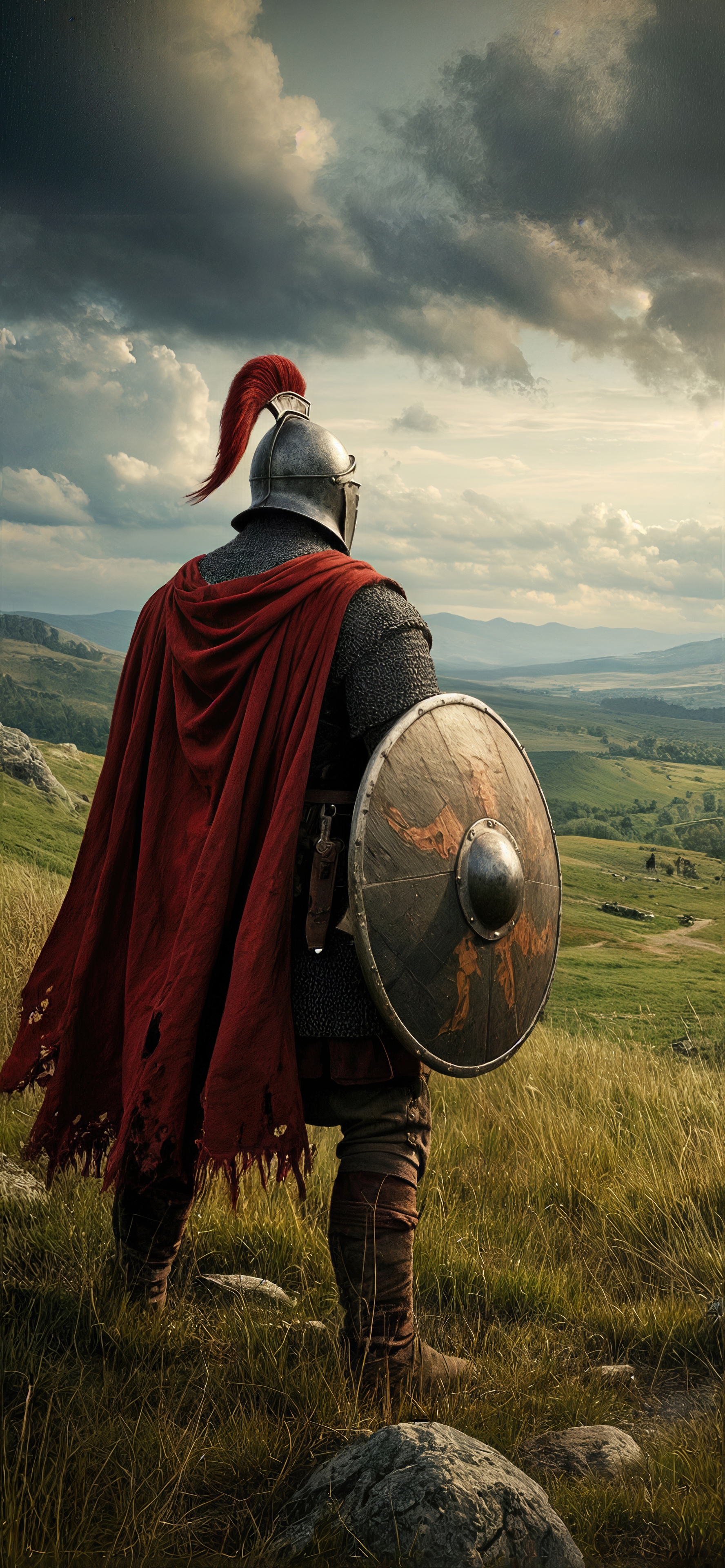 Free photo A warrior in a helmet and a torn red cloak looks from the back at the endless green hills under a stormy sky.
