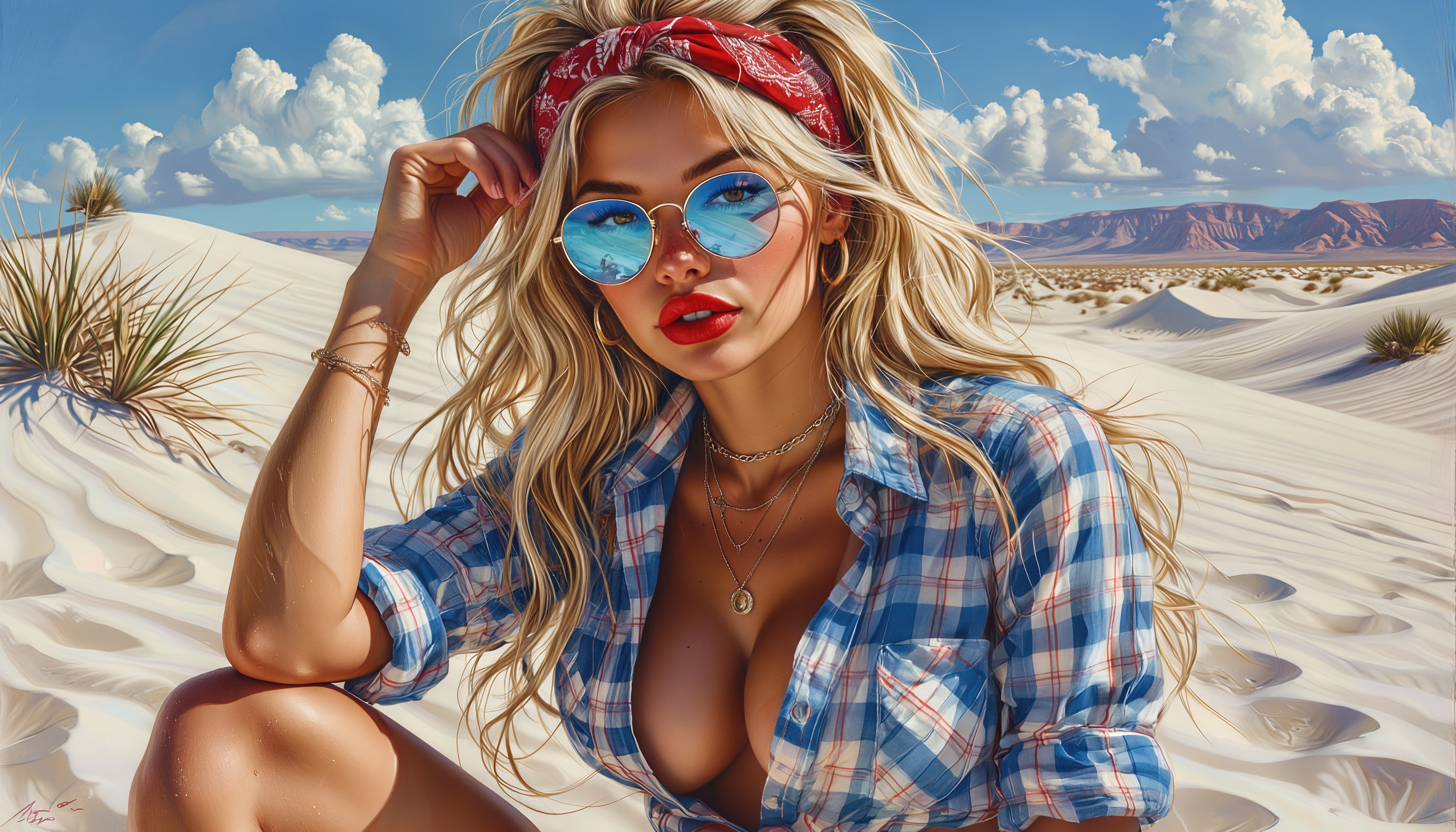 免费照片一个穿着未扣格子花呢衬衫和红色头巾的金发女郎正在沙丘的沙滩上闪烁眼镜，赶上风。