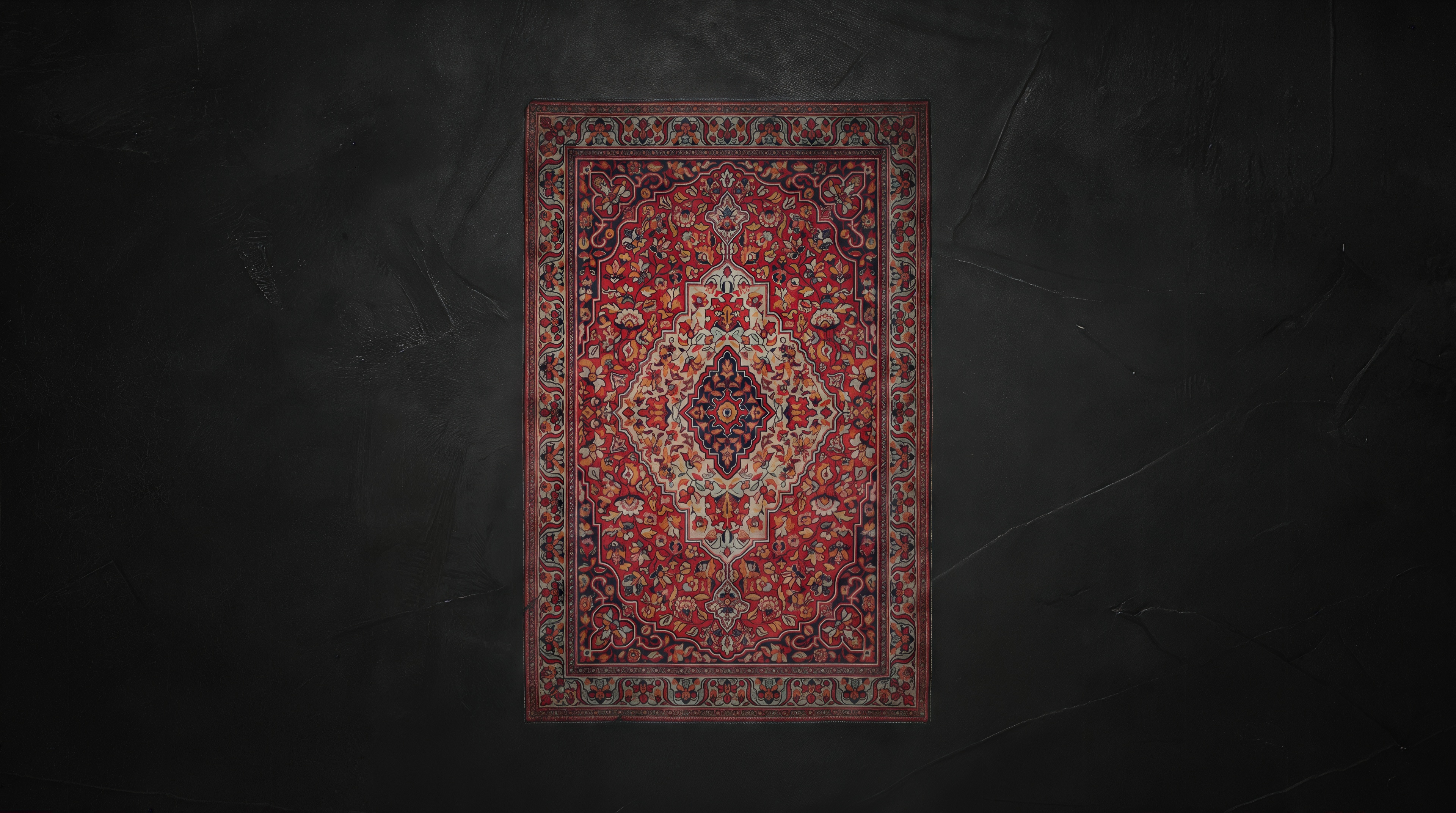 A classic Persian carpet with a traditional red ornament on a dark background.
