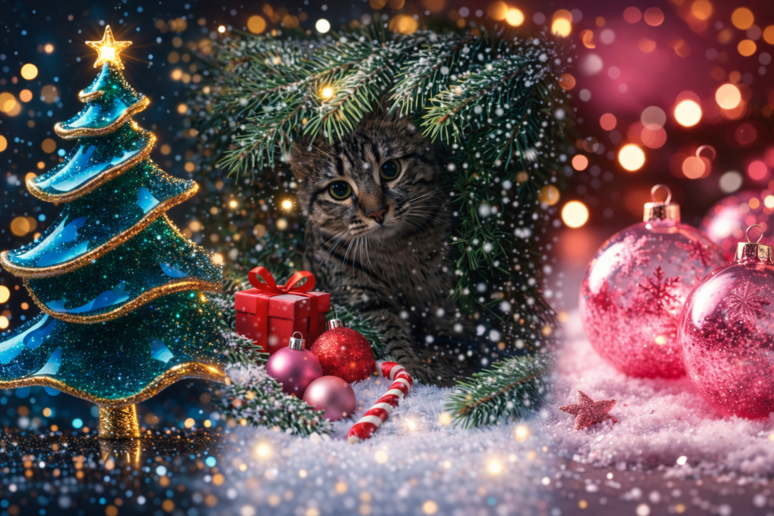 Бесплатная открытка Новогодние обои с котиком Львом.