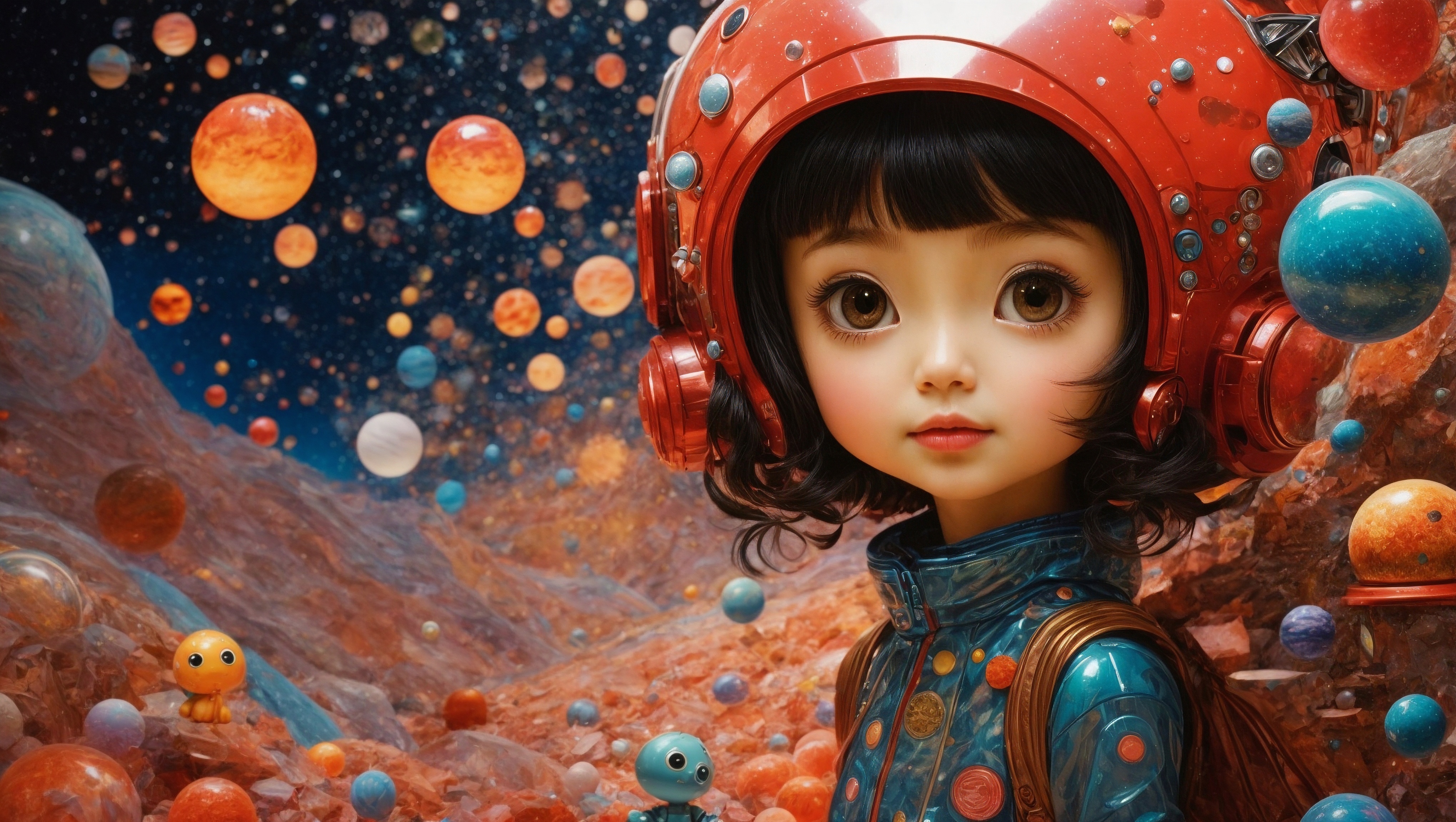 A young girl dressed as an alien in space with orange, blue and orange balloons