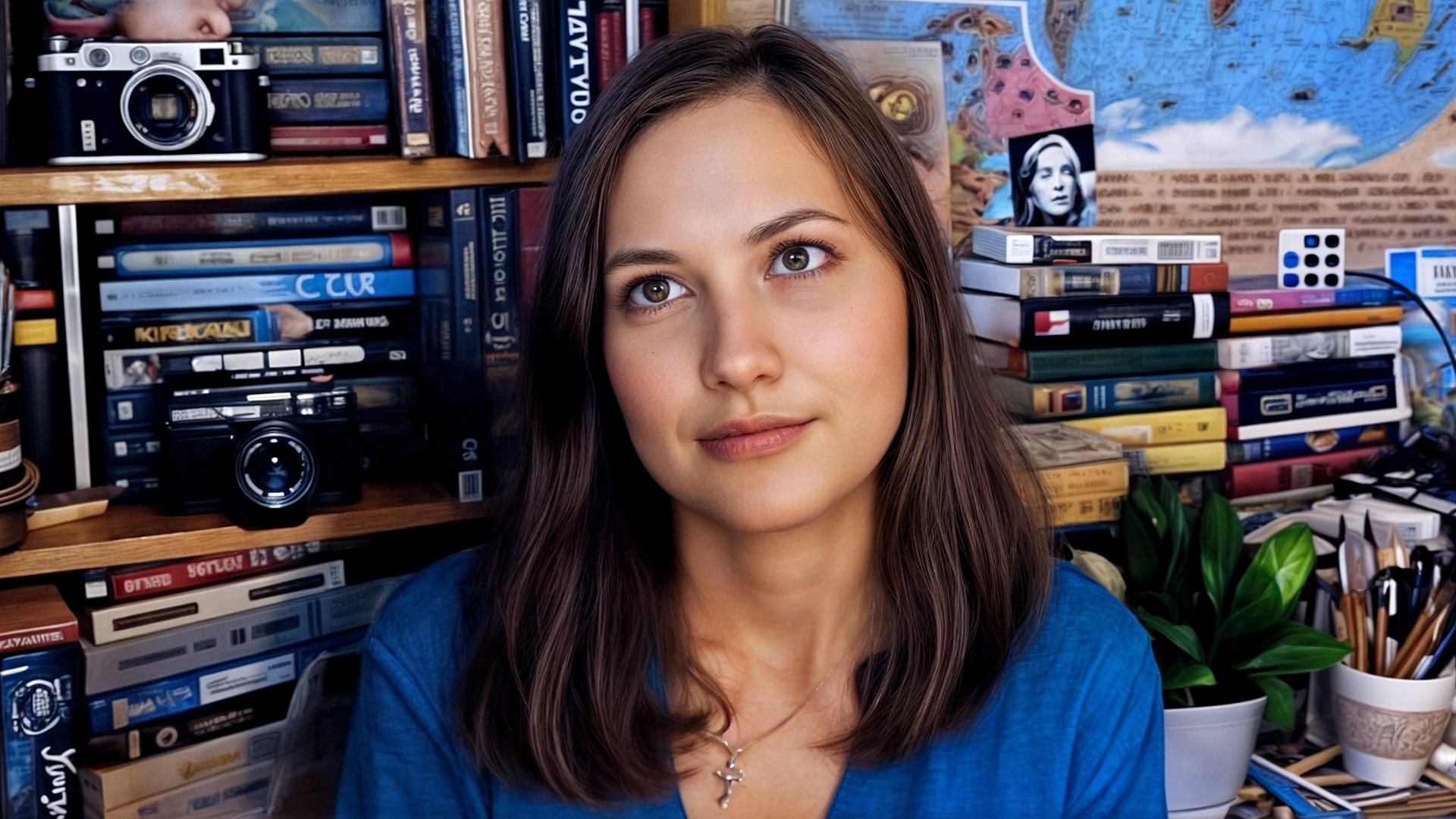 Free photo Portrait of a girl in blue against a background of bookshelves