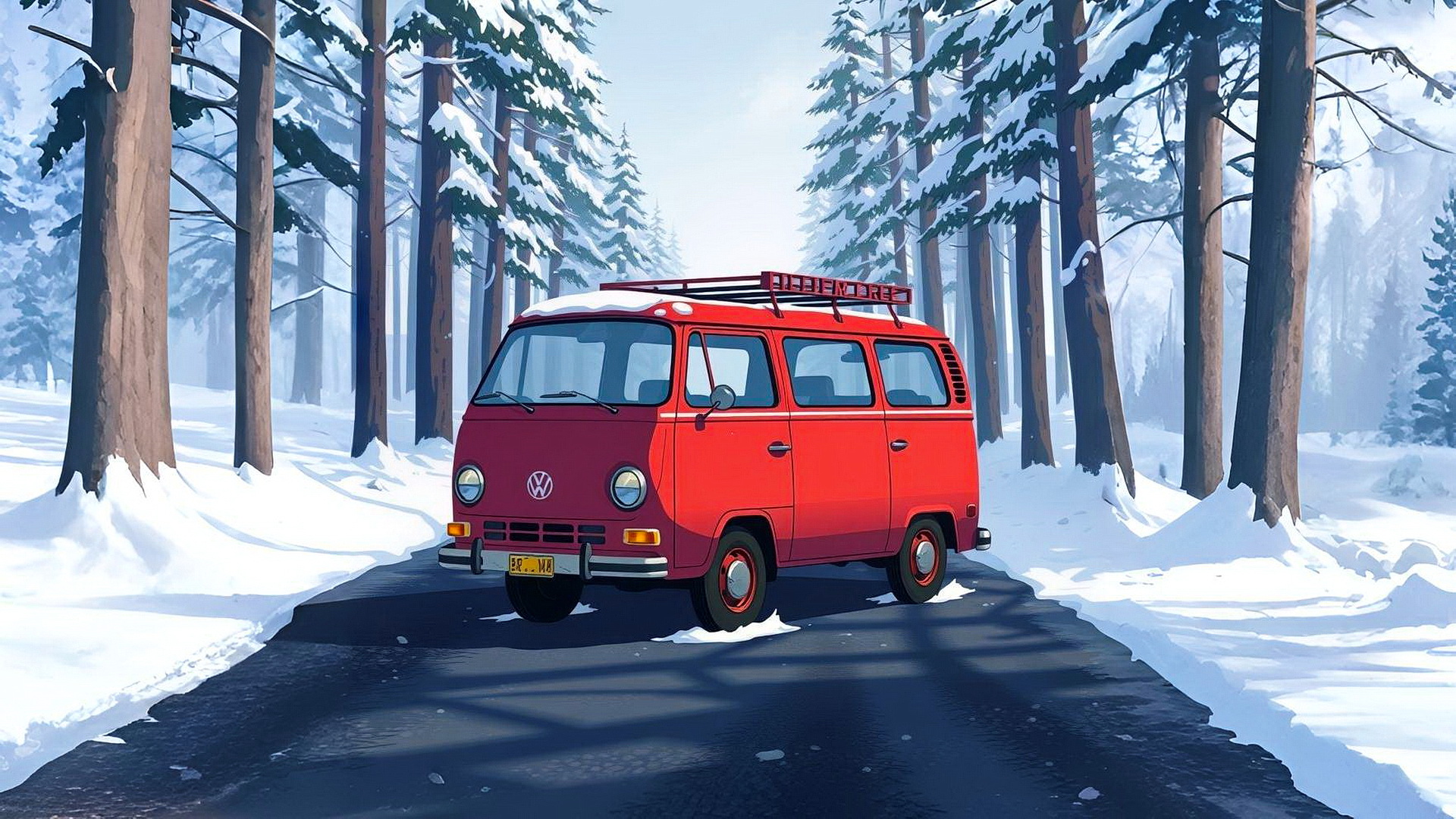 Бесплатное фото Красный автомобиль фургон стоит на зимней дороге