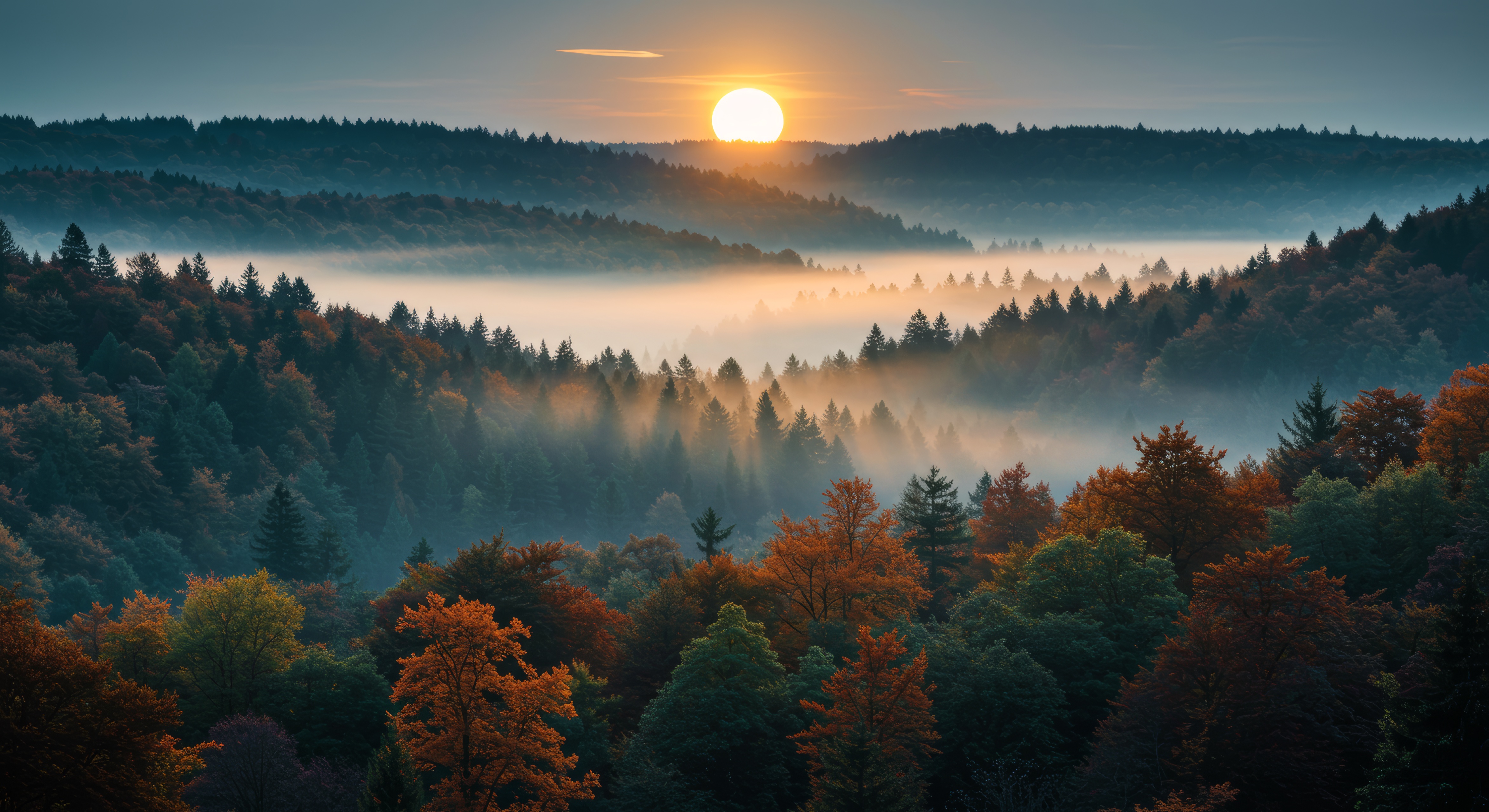 Бесплатное фото Солнце поднимается над деревьями и туманом.